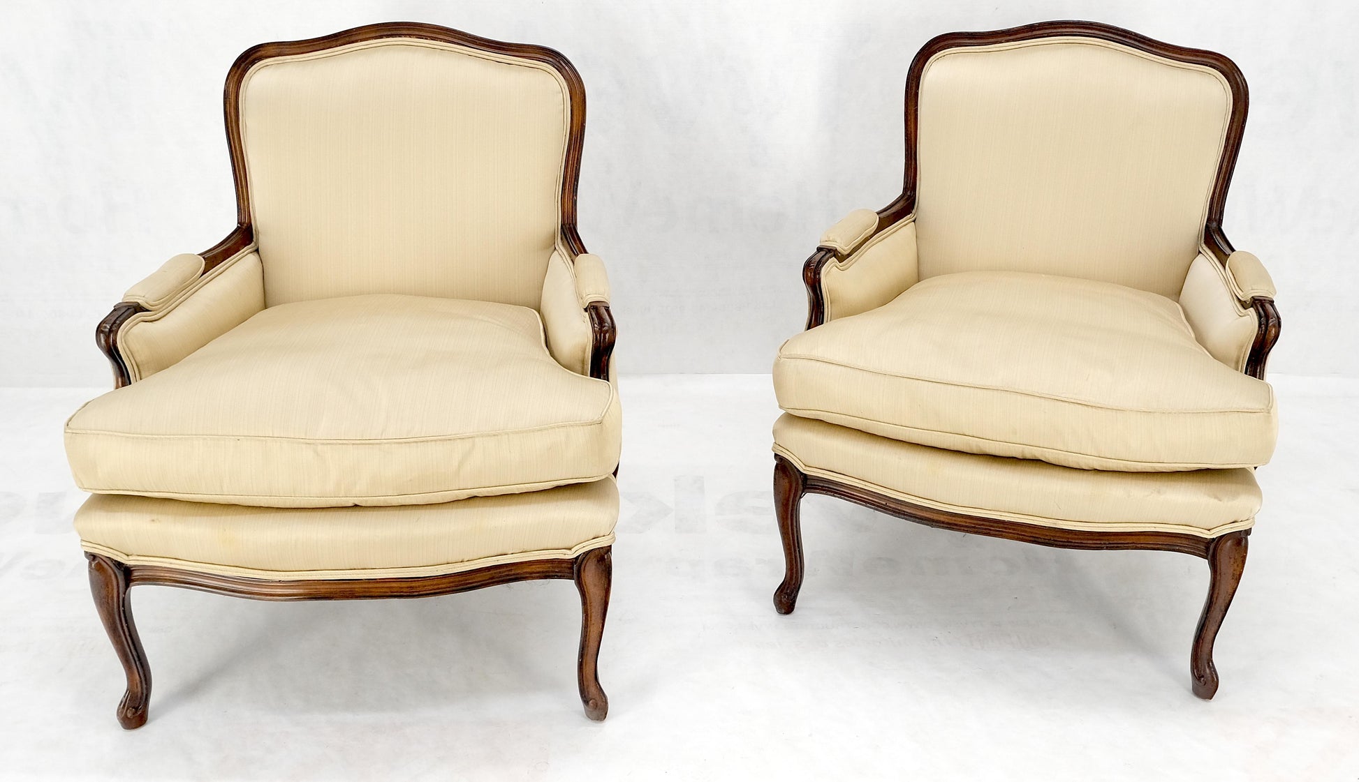 EstablishedLines Pair Down Filled Cushions Silk Like Upholstery Carved Legs French Lounge Chairs