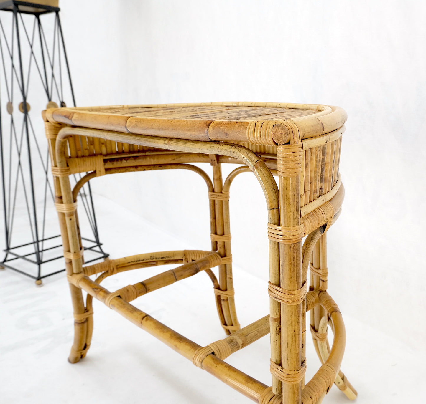 EstablishedLines Vintage 1970s Bamboo Rattan Demilune Mid-Century Modern Console Sofa Table Mint