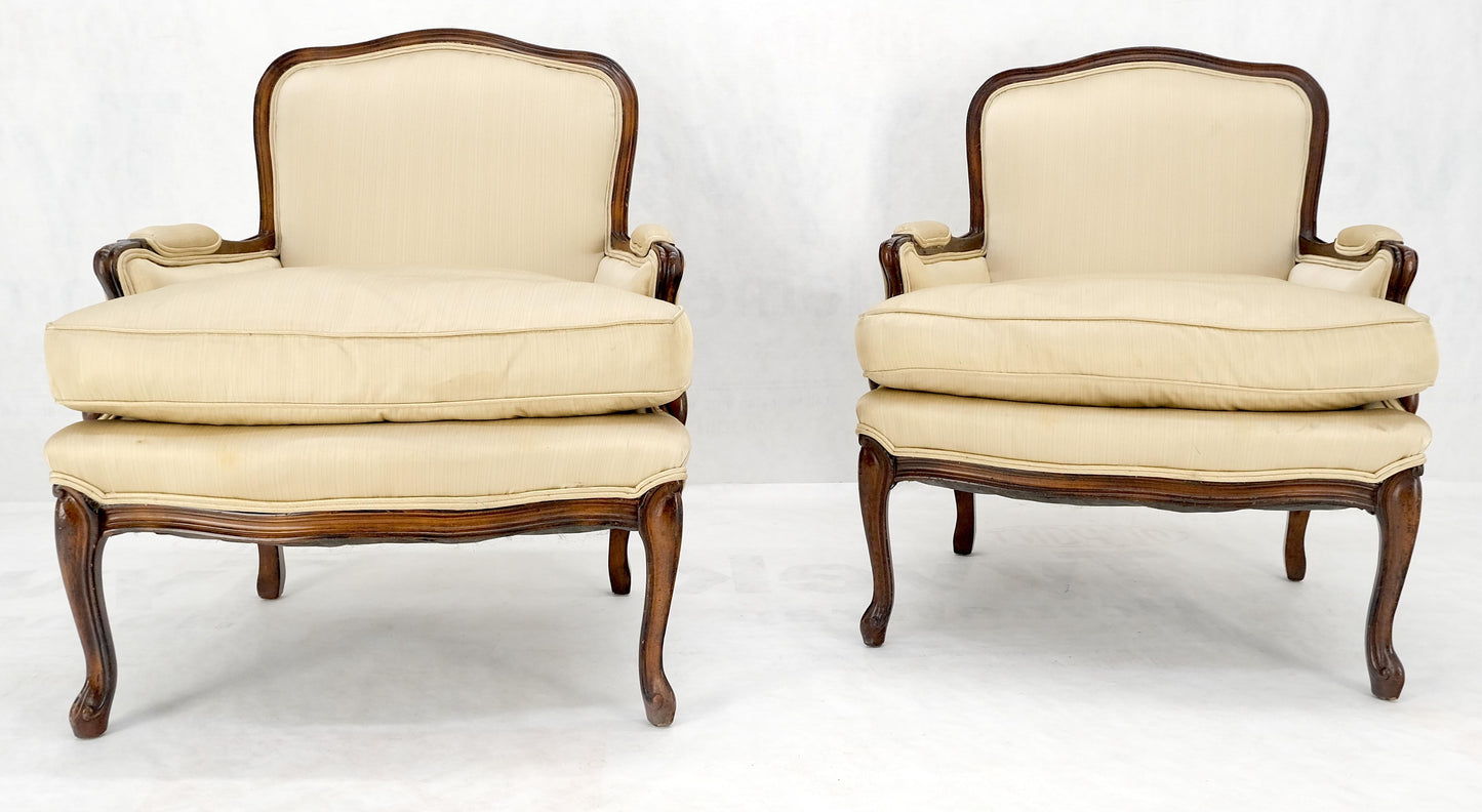 EstablishedLines Pair Down Filled Cushions Silk Like Upholstery Carved Legs French Lounge Chairs