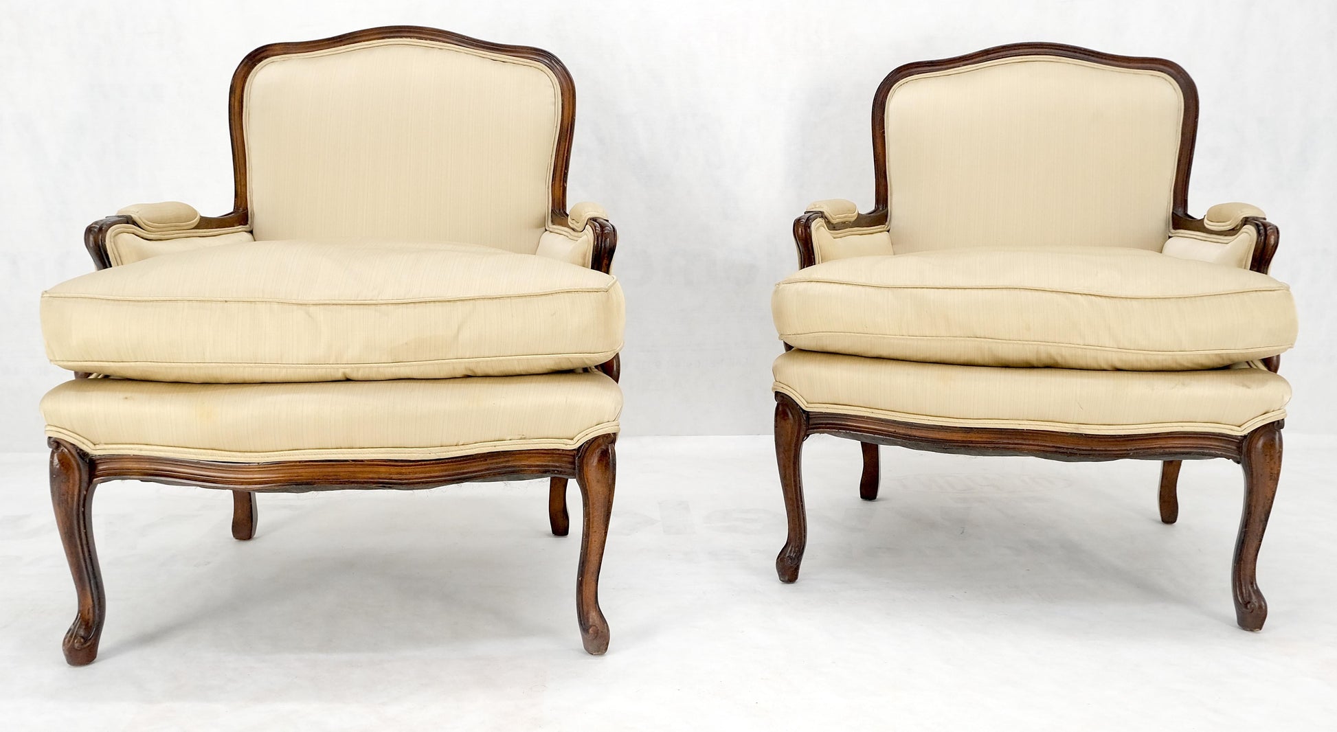 EstablishedLines Pair Down Filled Cushions Silk Like Upholstery Carved Legs French Lounge Chairs