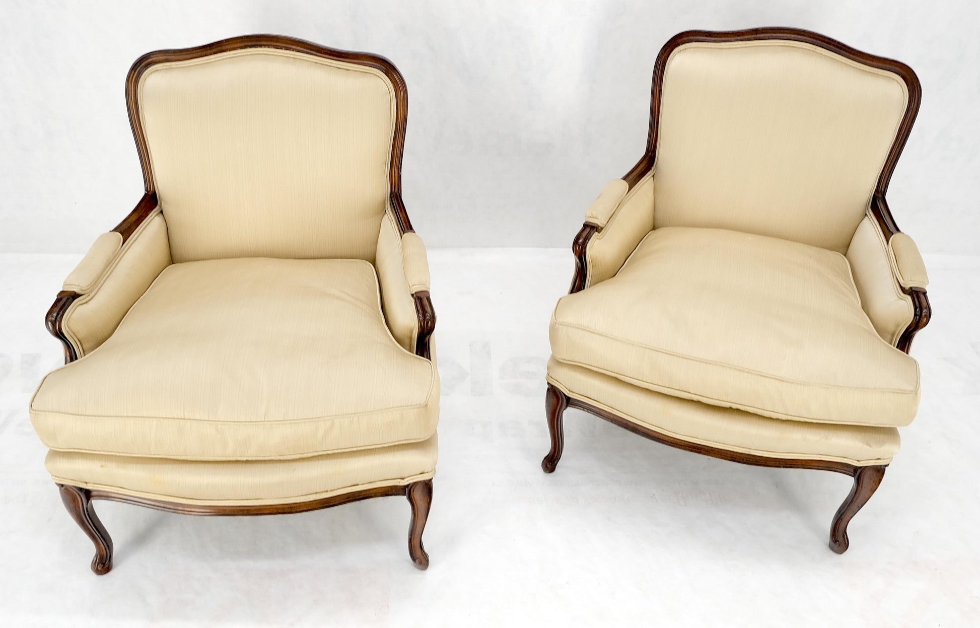 EstablishedLines Pair Down Filled Cushions Silk Like Upholstery Carved Legs French Lounge Chairs
