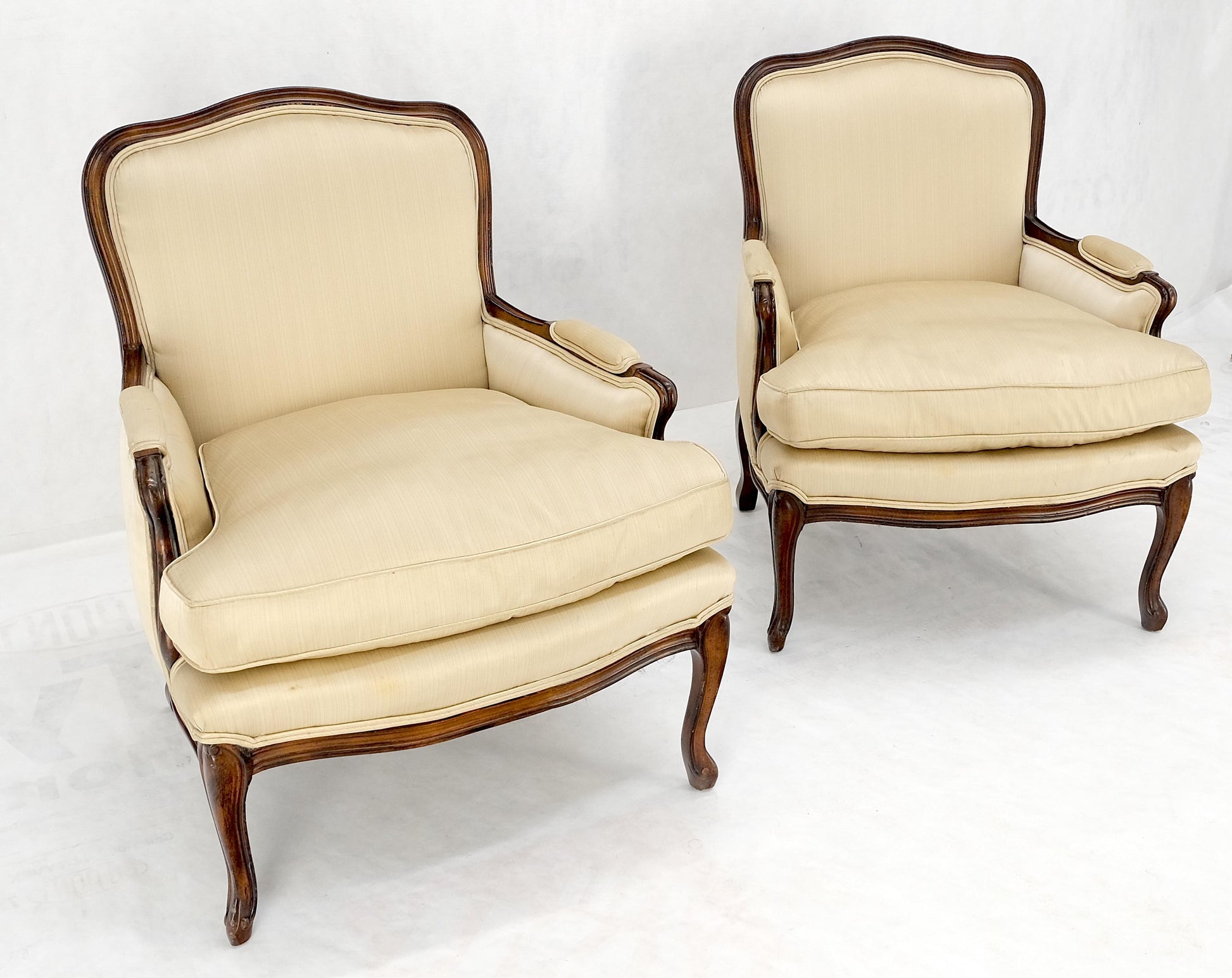 EstablishedLines Pair Down Filled Cushions Silk Like Upholstery Carved Legs French Lounge Chairs