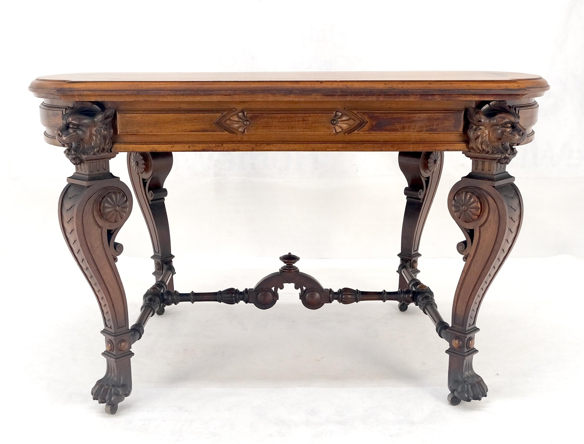 EstablishedLines Carved Lion Face & Foot Legs Renaissance Revival Inlaid Walnut Center Table MINT