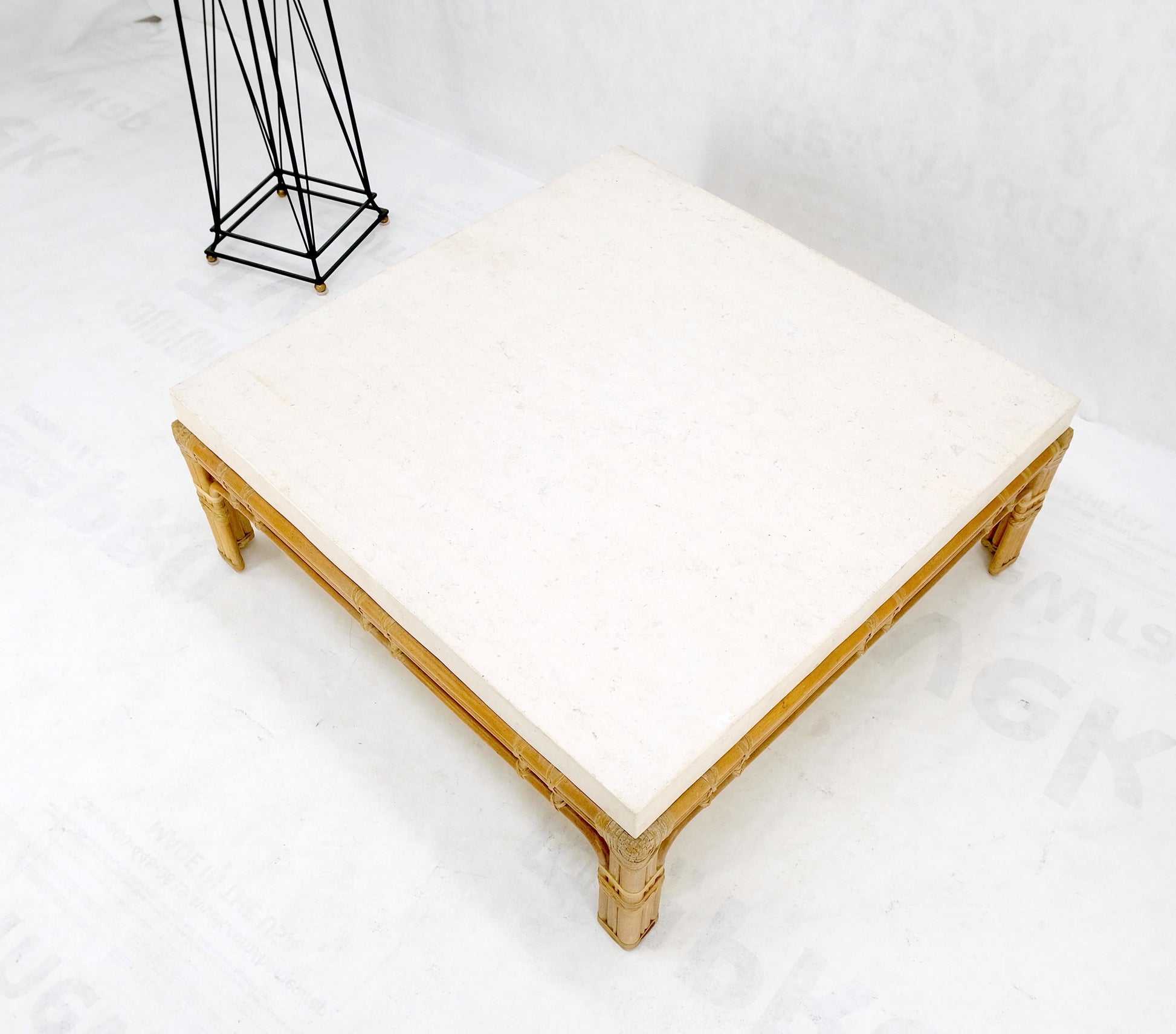 EstablishedLines Bamboo Base Square White Lime Stone Top Mid-Century Modern Coffee Table Mint