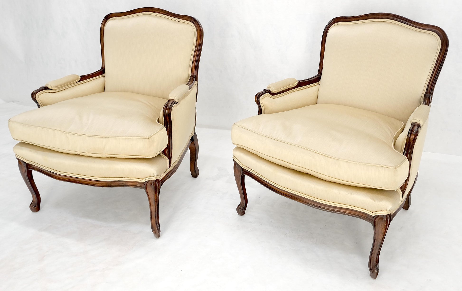 EstablishedLines Pair Down Filled Cushions Silk Like Upholstery Carved Legs French Lounge Chairs