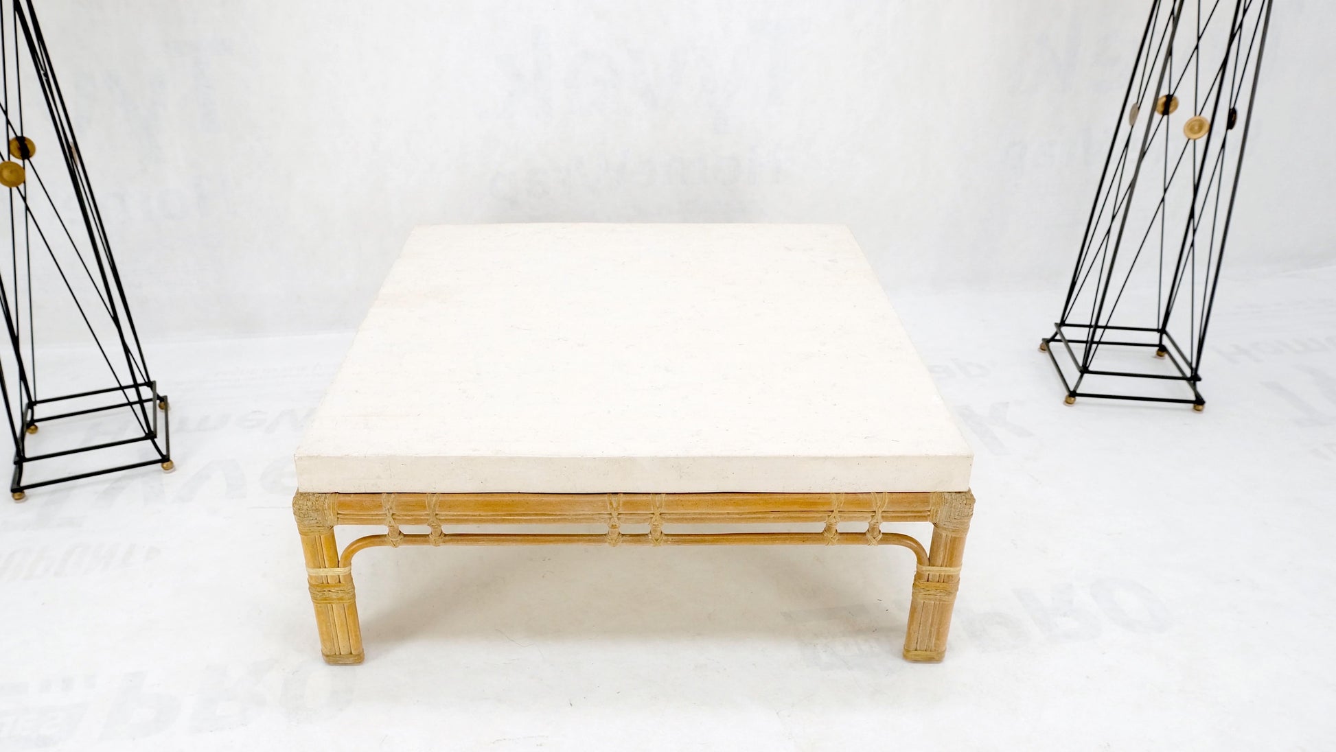 EstablishedLines Bamboo Base Square White Lime Stone Top Mid-Century Modern Coffee Table Mint