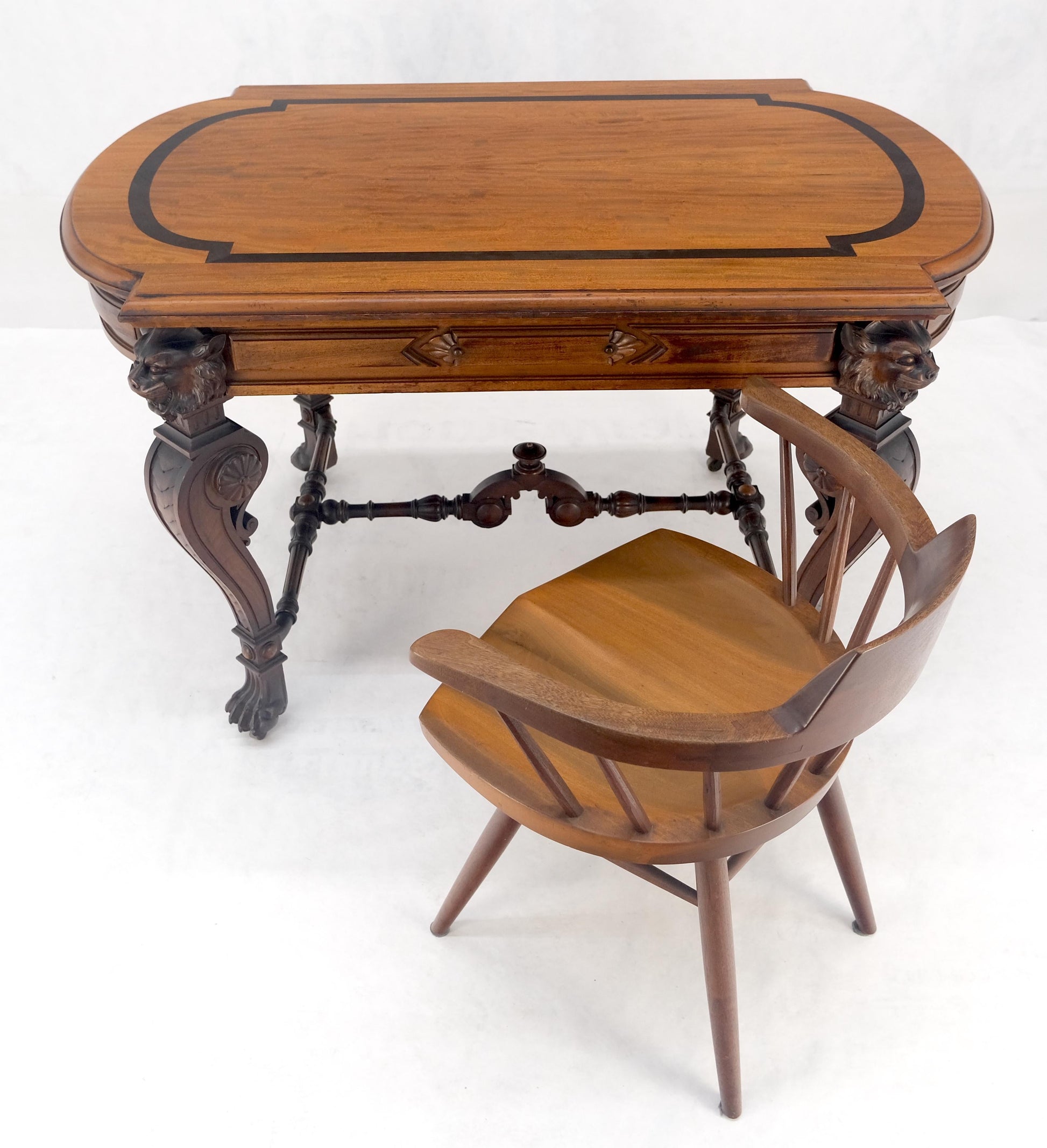 EstablishedLines Carved Lion Face & Foot Legs Renaissance Revival Inlaid Walnut Center Table MINT