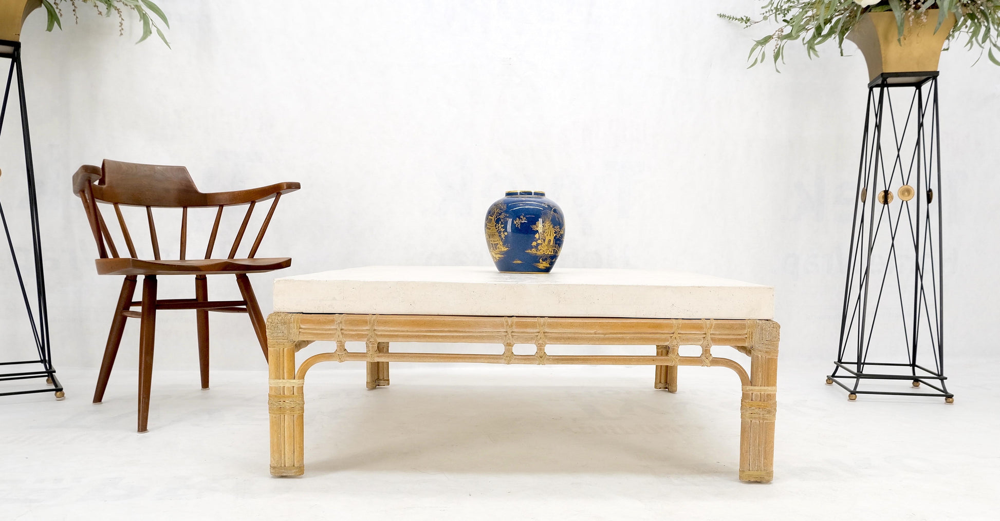 EstablishedLines Bamboo Base Square White Lime Stone Top Mid-Century Modern Coffee Table Mint