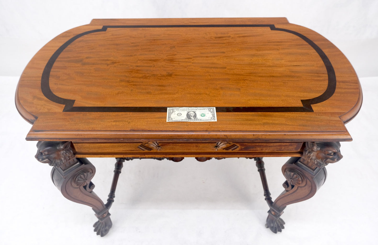 EstablishedLines Carved Lion Face & Foot Legs Renaissance Revival Inlaid Walnut Center Table MINT