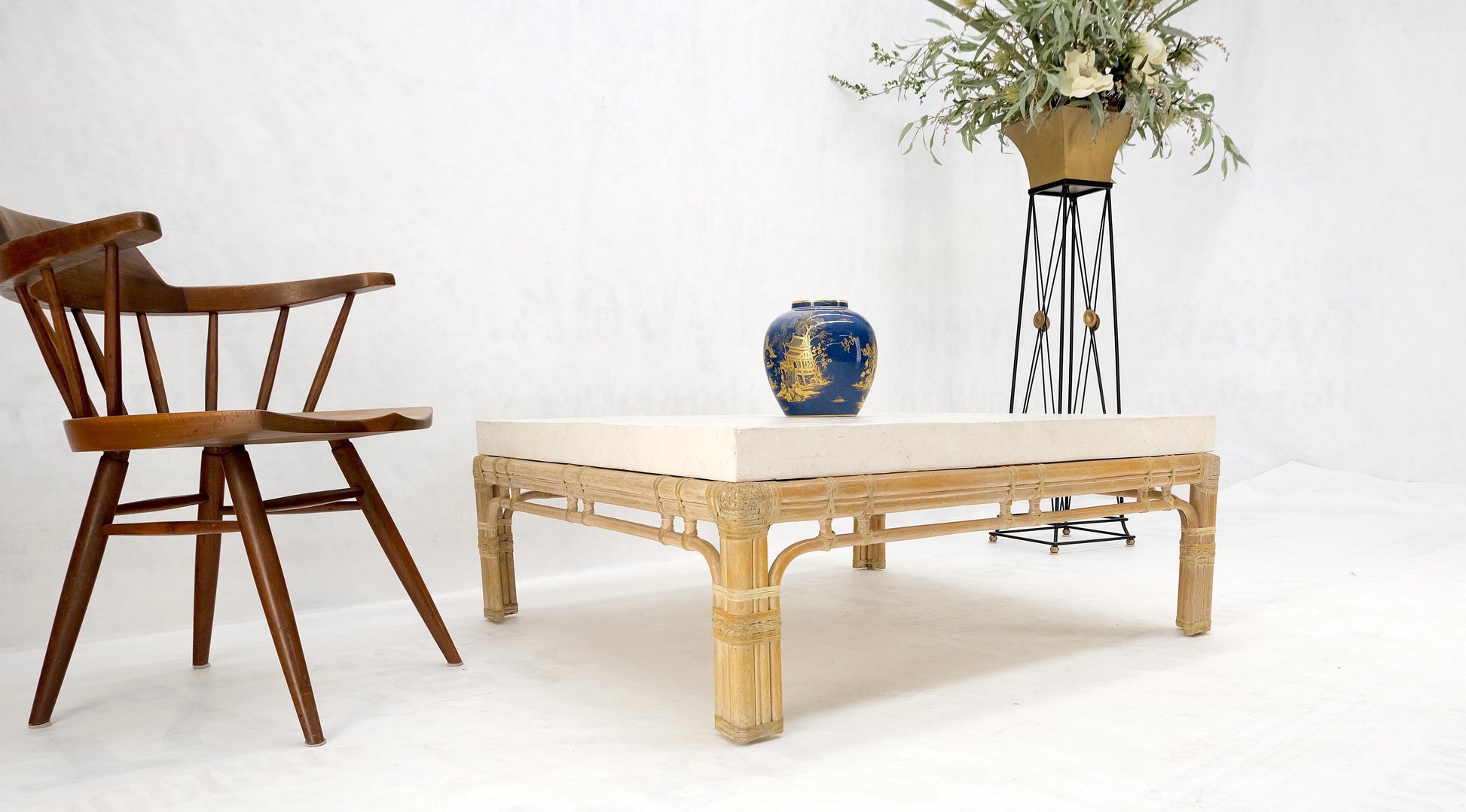 EstablishedLines Bamboo Base Square White Lime Stone Top Mid-Century Modern Coffee Table Mint