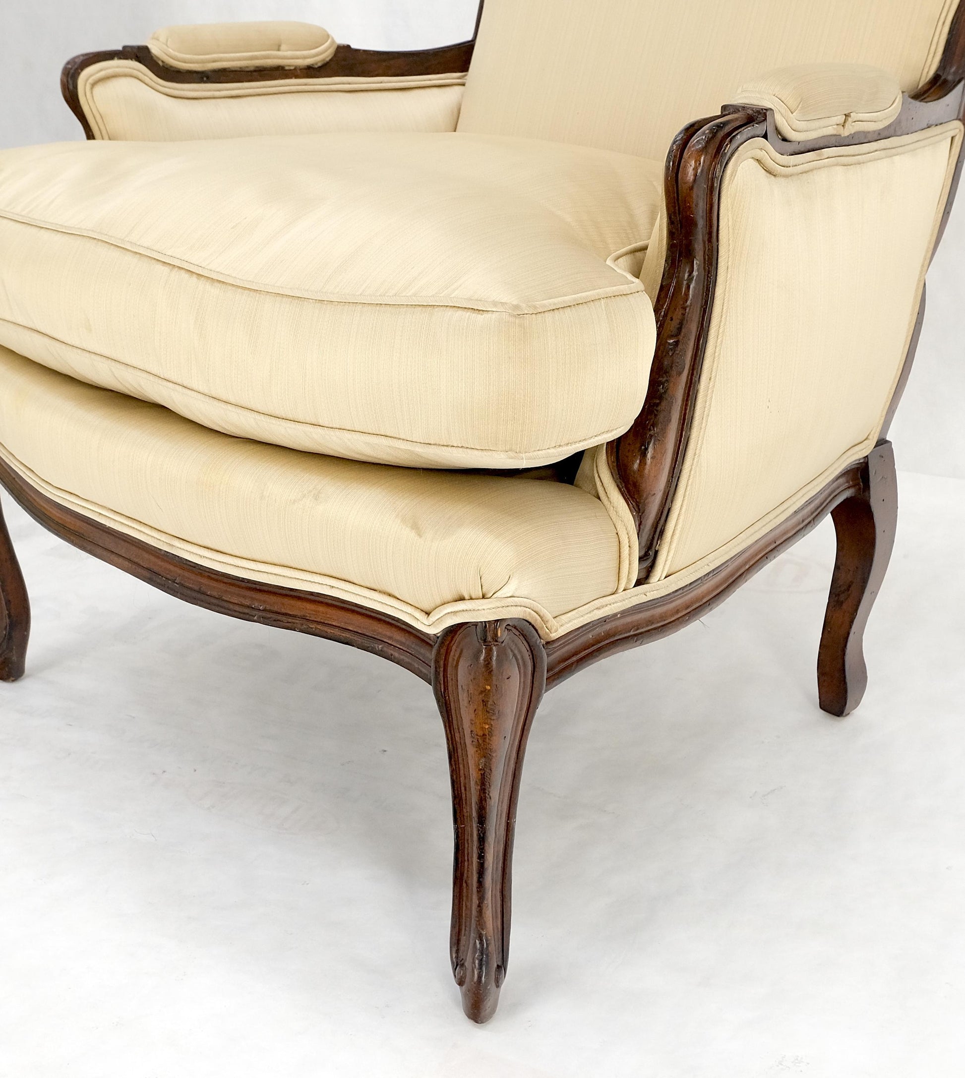 EstablishedLines Pair Down Filled Cushions Silk Like Upholstery Carved Legs French Lounge Chairs