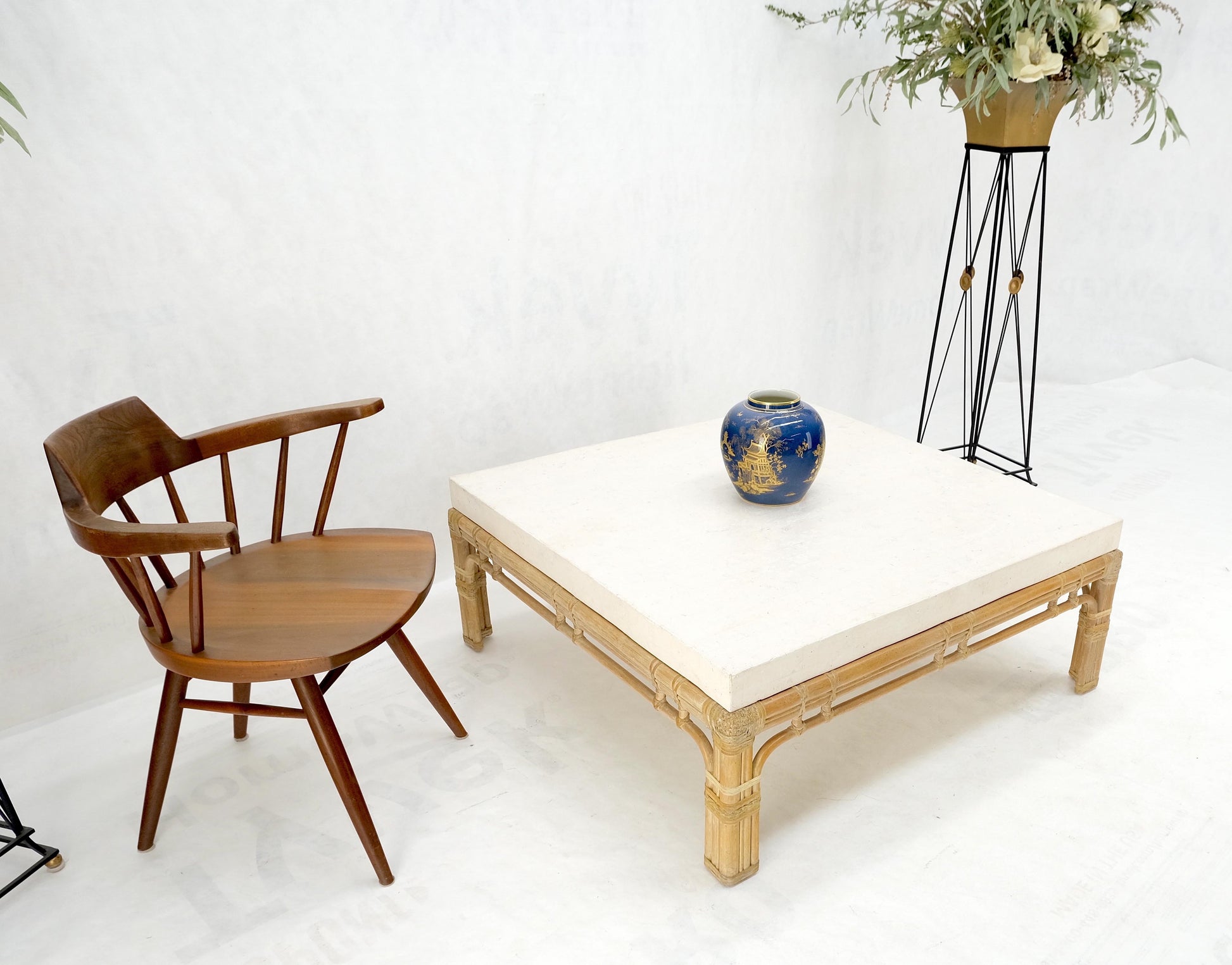 EstablishedLines Bamboo Base Square White Lime Stone Top Mid-Century Modern Coffee Table Mint