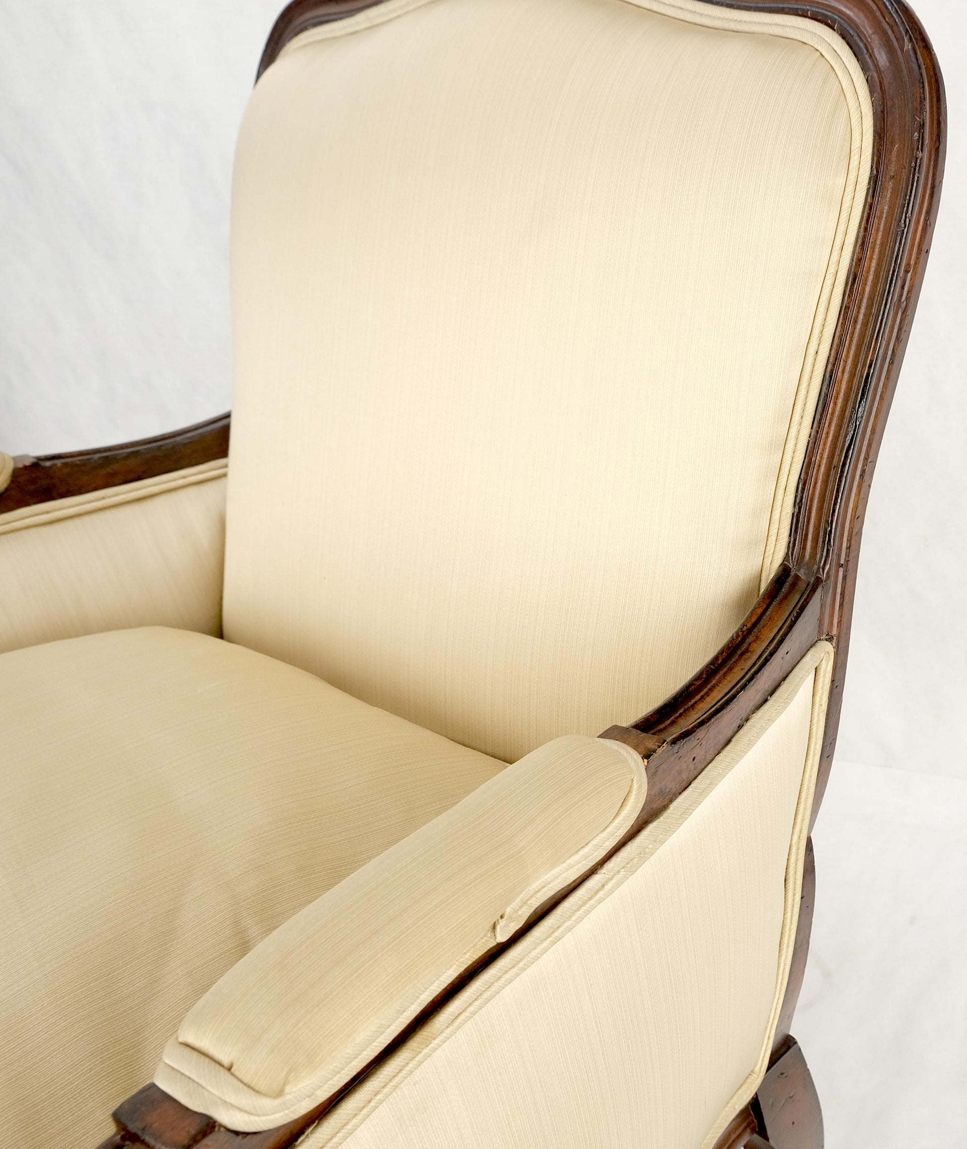 EstablishedLines Pair Down Filled Cushions Silk Like Upholstery Carved Legs French Lounge Chairs