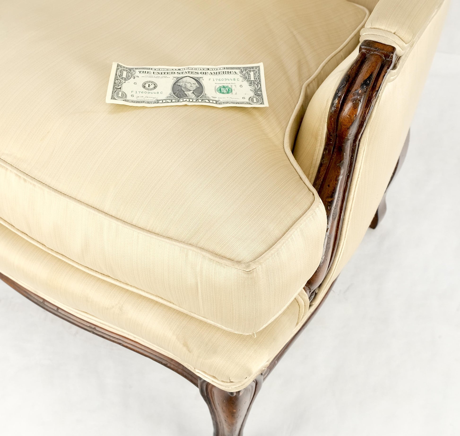 EstablishedLines Pair Down Filled Cushions Silk Like Upholstery Carved Legs French Lounge Chairs