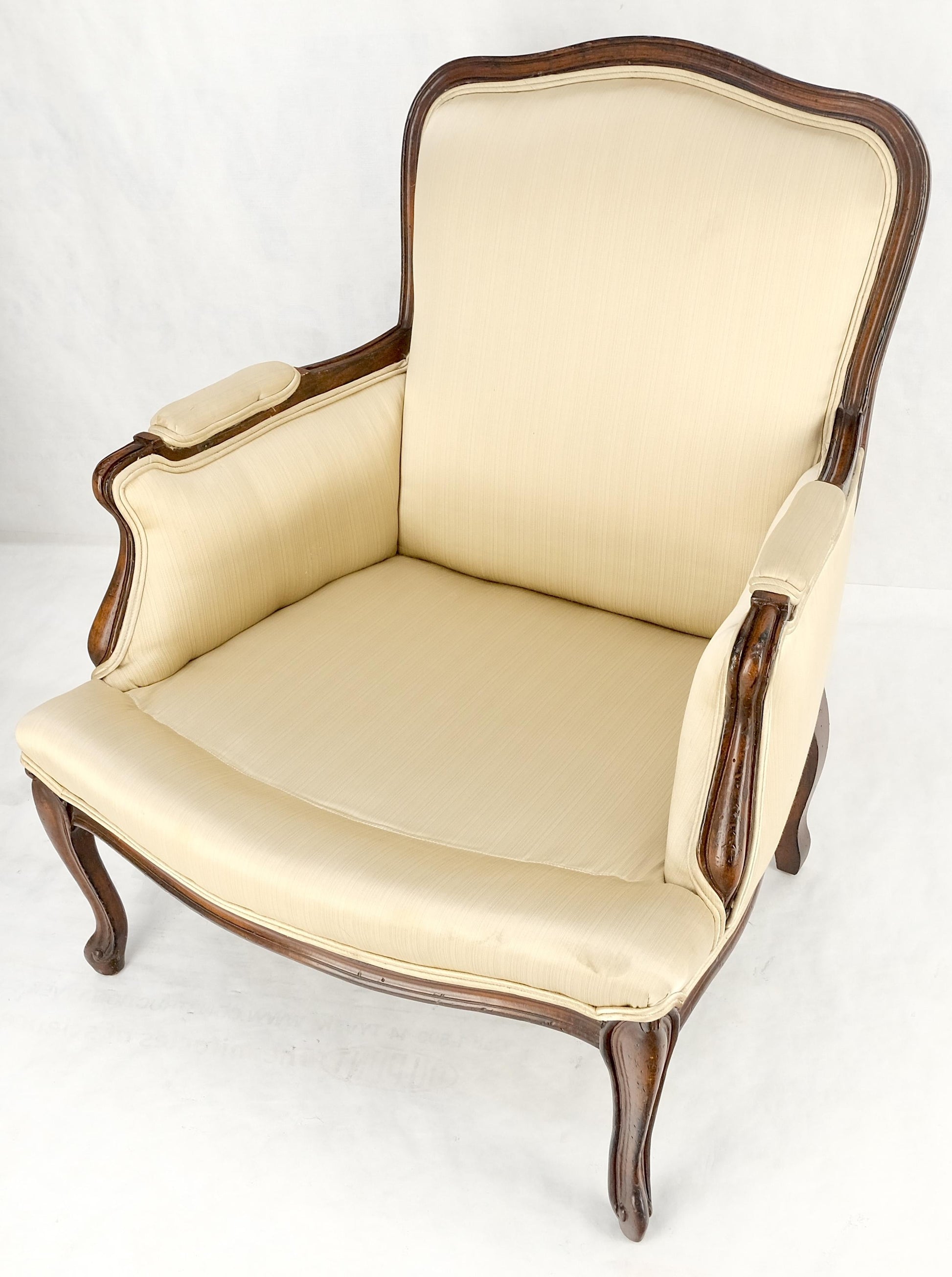 EstablishedLines Pair Down Filled Cushions Silk Like Upholstery Carved Legs French Lounge Chairs