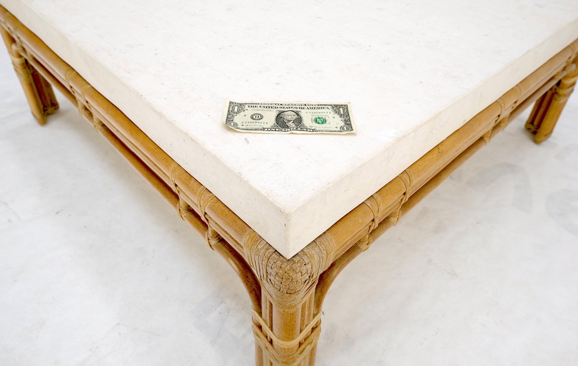 EstablishedLines Bamboo Base Square White Lime Stone Top Mid-Century Modern Coffee Table Mint