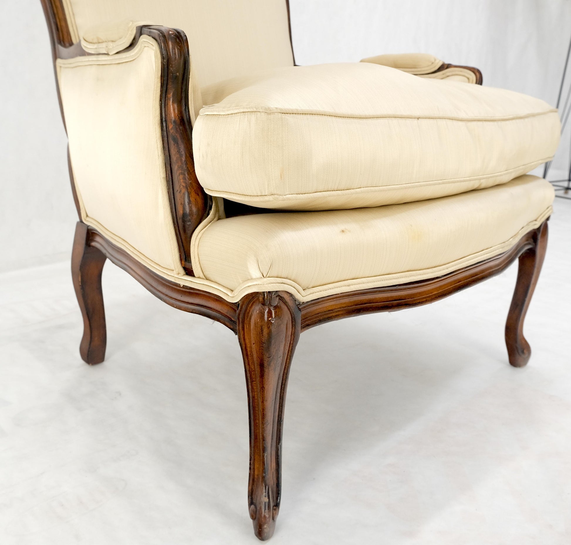 EstablishedLines Pair Down Filled Cushions Silk Like Upholstery Carved Legs French Lounge Chairs