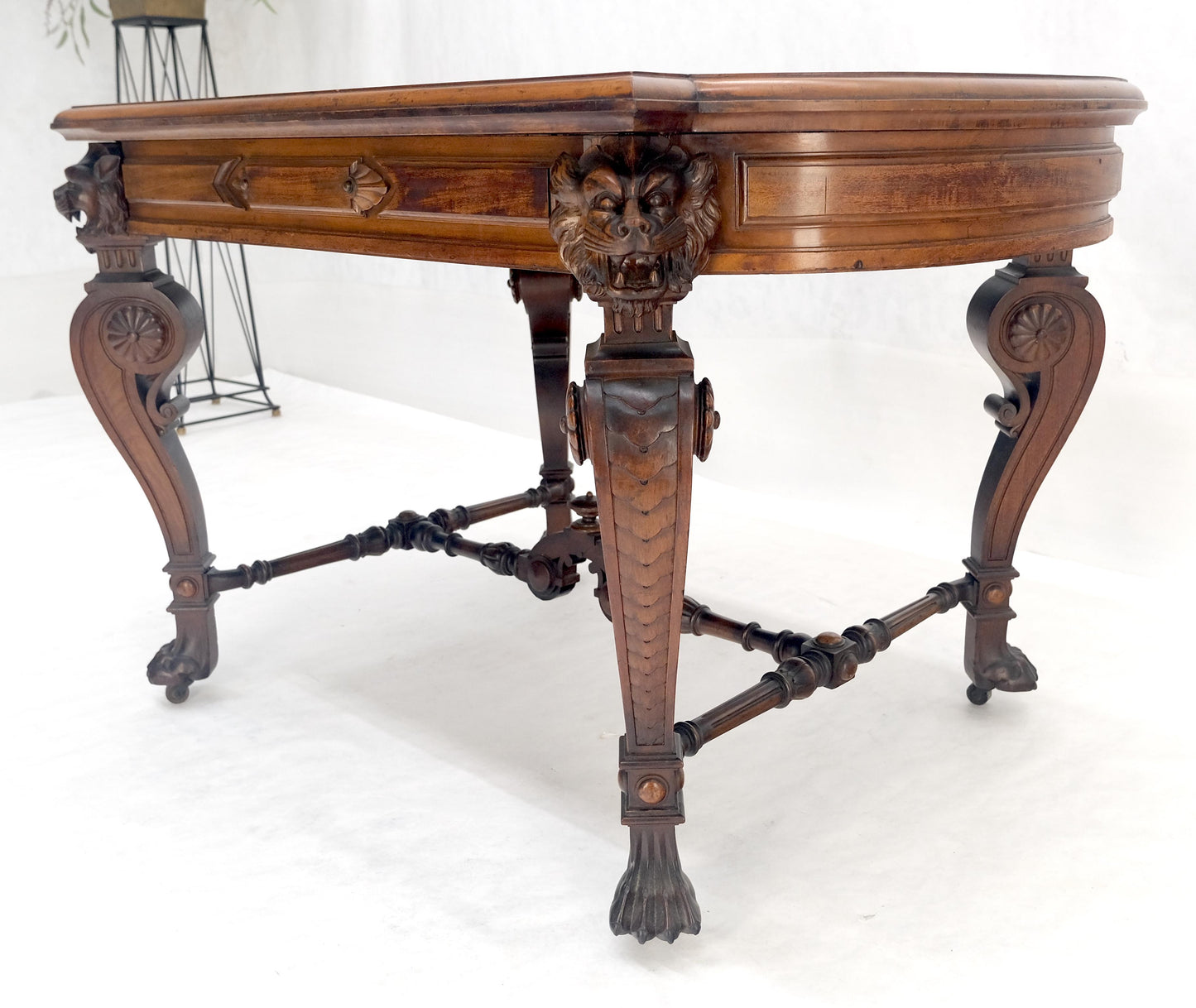 EstablishedLines Carved Lion Face & Foot Legs Renaissance Revival Inlaid Walnut Center Table MINT