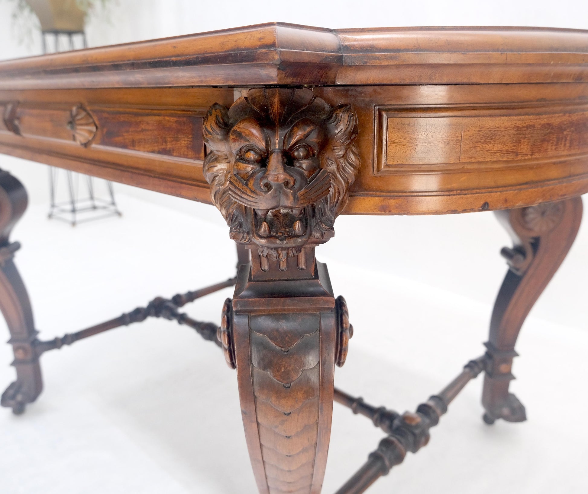 EstablishedLines Carved Lion Face & Foot Legs Renaissance Revival Inlaid Walnut Center Table MINT