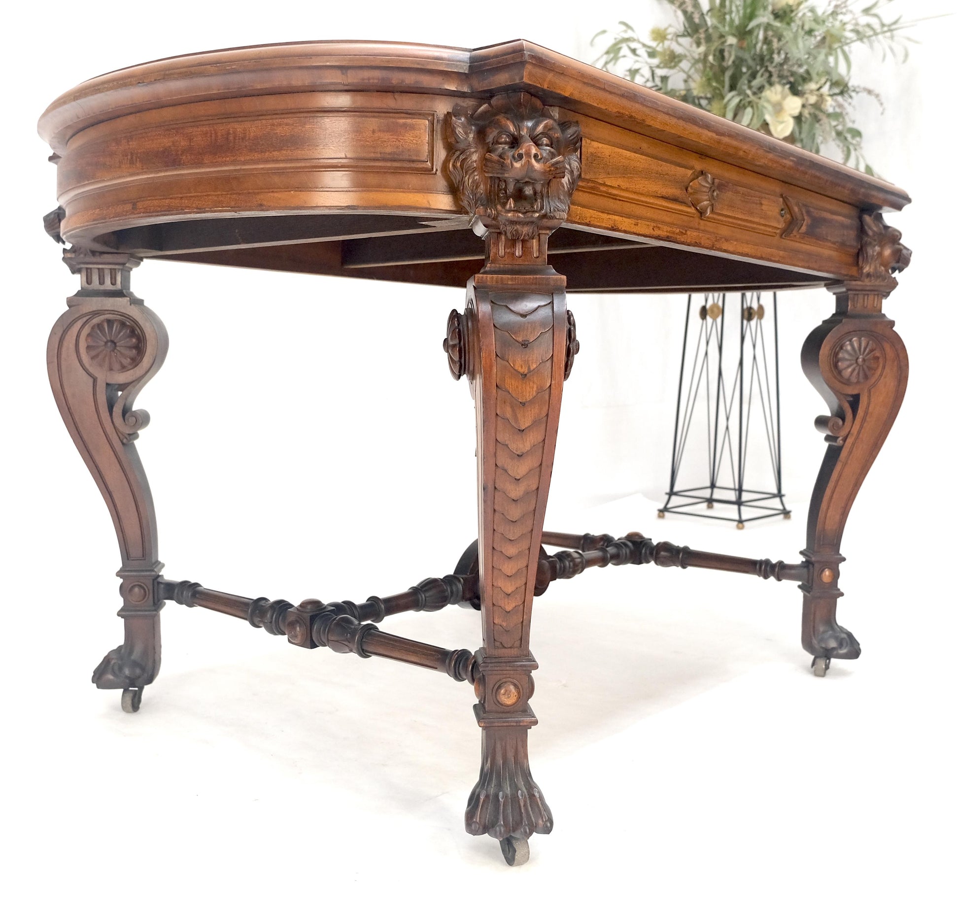 EstablishedLines Carved Lion Face & Foot Legs Renaissance Revival Inlaid Walnut Center Table MINT