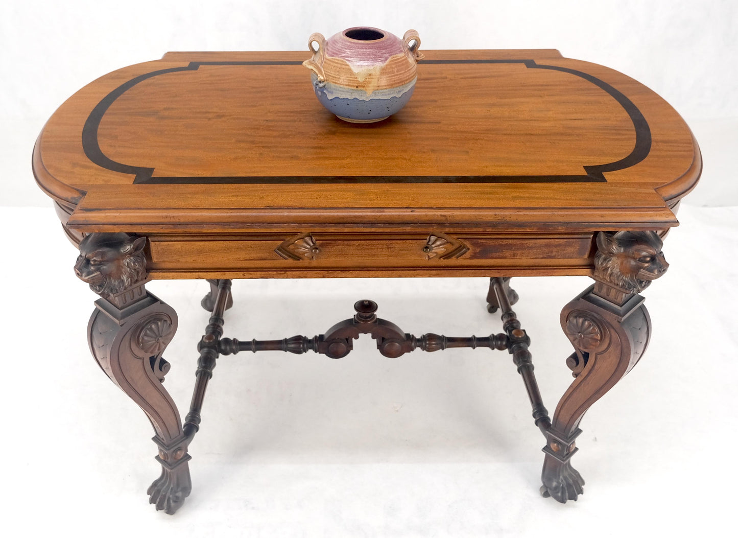 EstablishedLines Carved Lion Face & Foot Legs Renaissance Revival Inlaid Walnut Center Table MINT