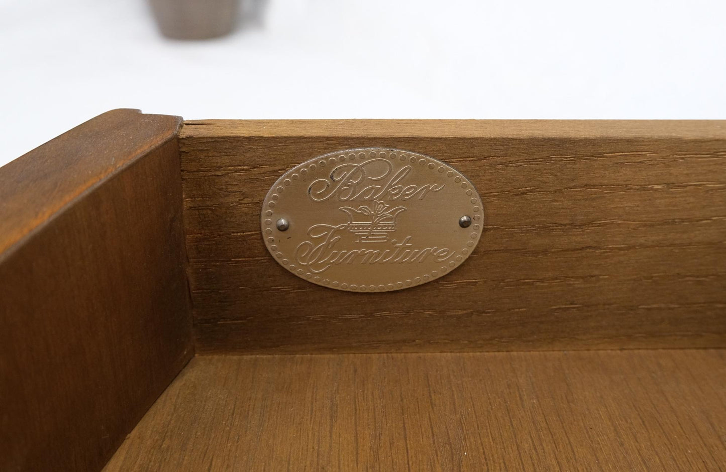 EstablishedLines Baker Walnut Round Sunburst Pattern Gallery Top Drawer Side Lamp Table Stand