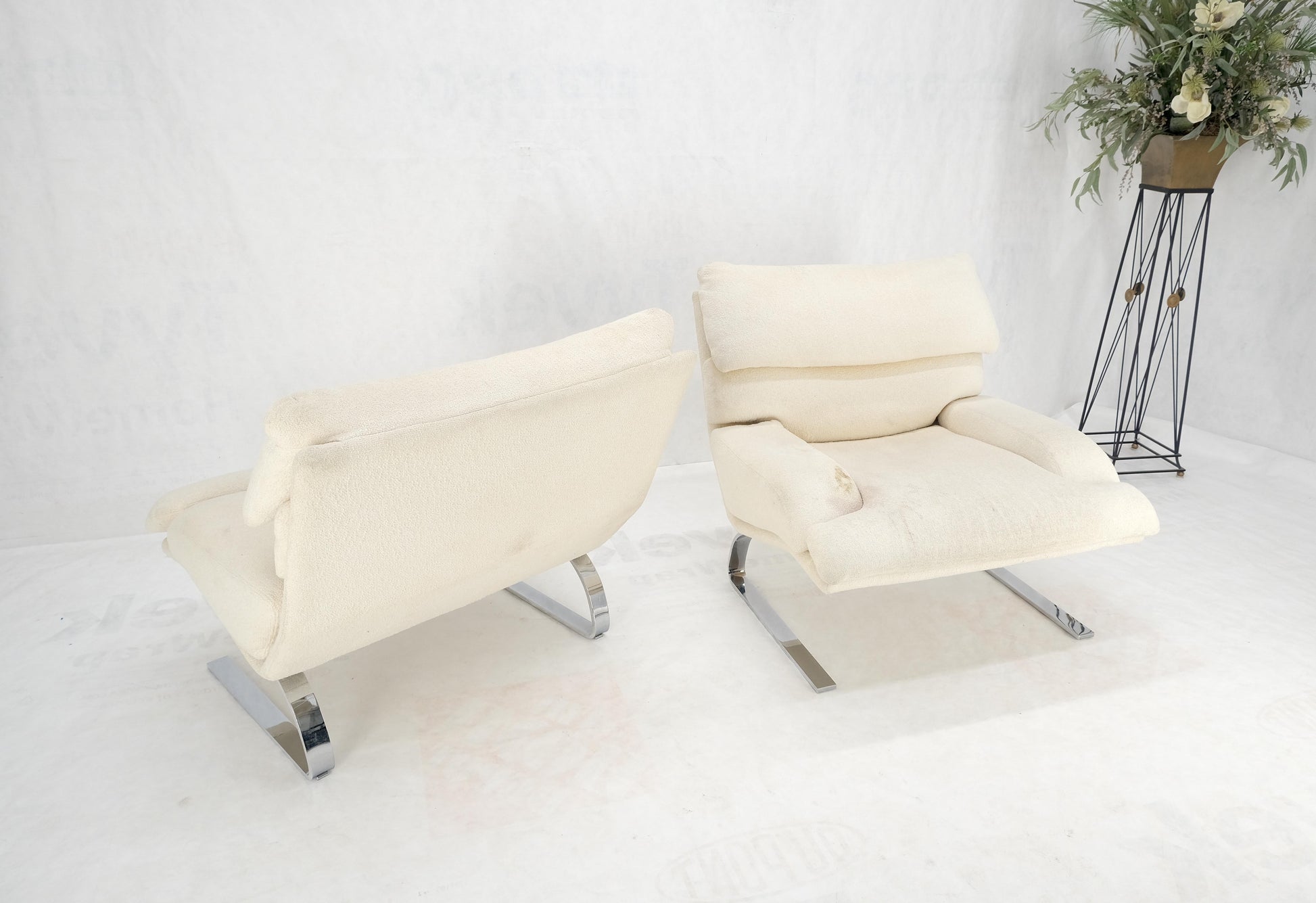 EstablishedLines Pair Giovanni Offerdi Chrome Bases Matching Ottoman Lounge Chair AS IS upholster