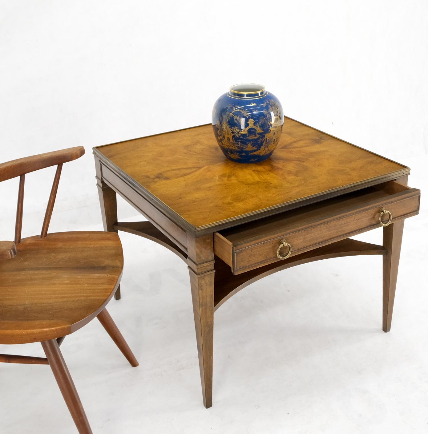 EstablishedLines Baker Burl Walnut Square Brass Gallery Top Drawer Side Lamp Table Night Stand