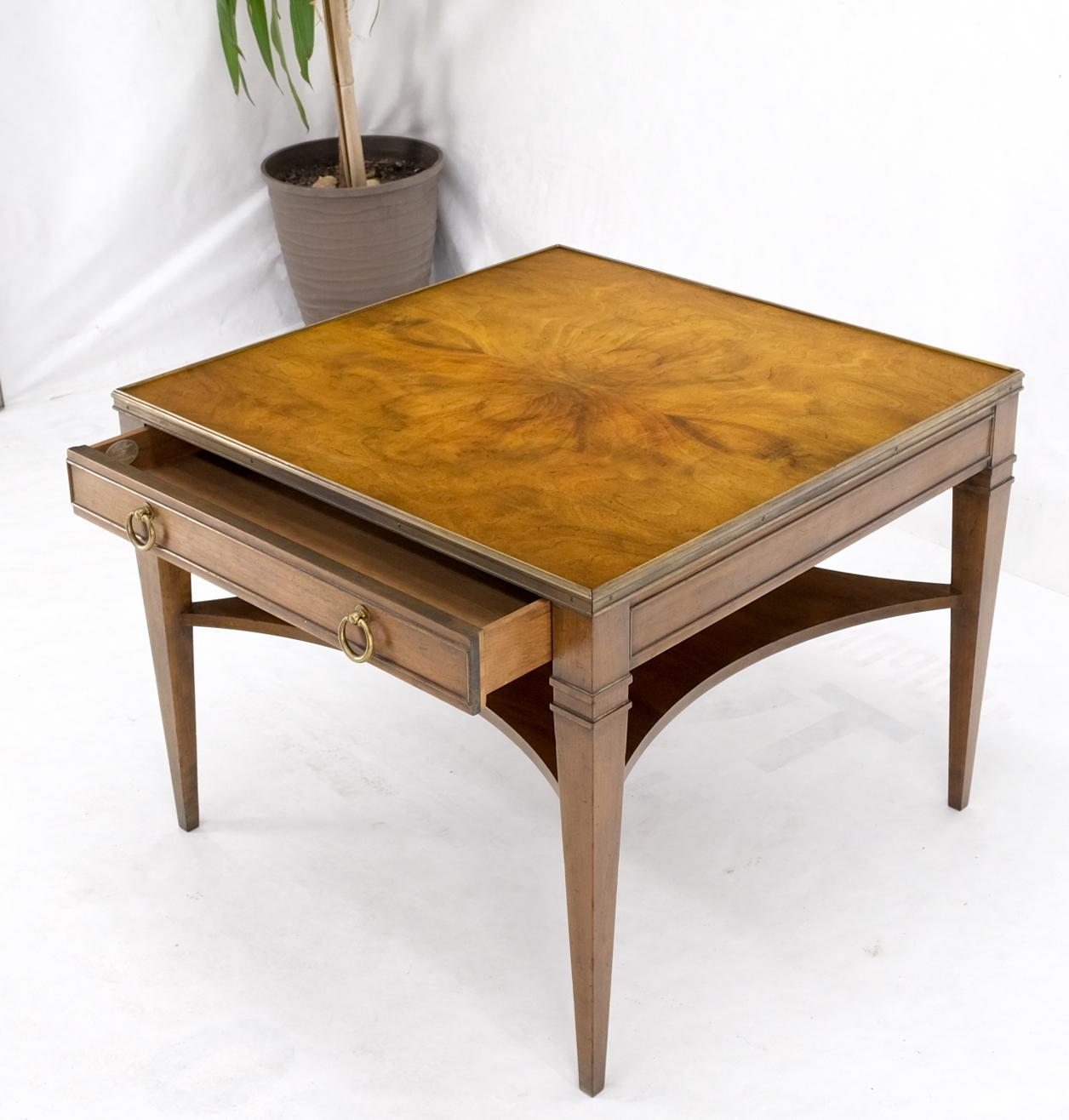 EstablishedLines Baker Burl Walnut Square Brass Gallery Top Drawer Side Lamp Table Night Stand