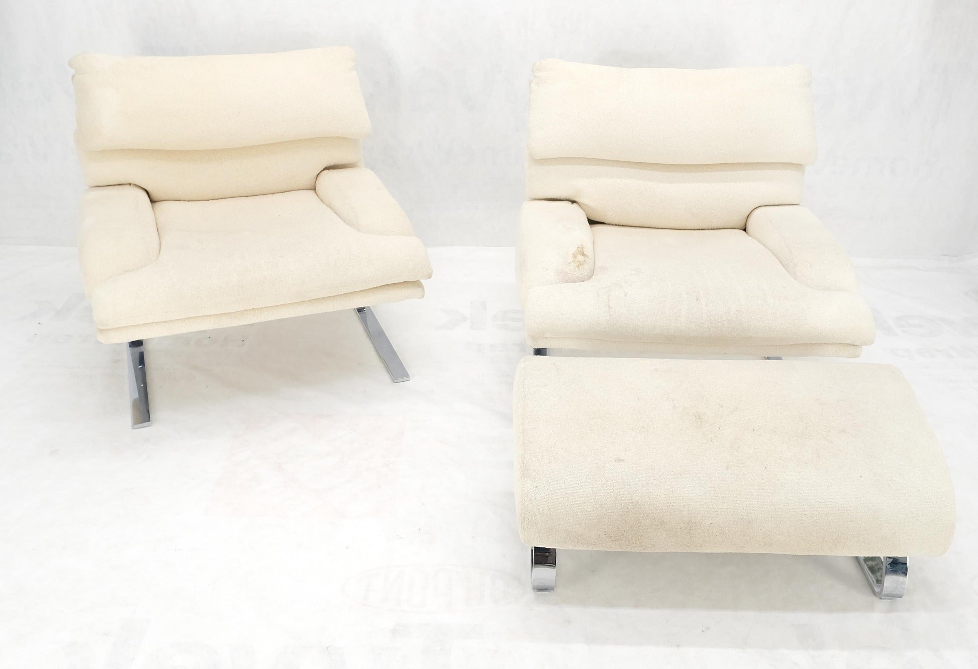 EstablishedLines Pair Giovanni Offerdi Chrome Bases Matching Ottoman Lounge Chair AS IS upholster