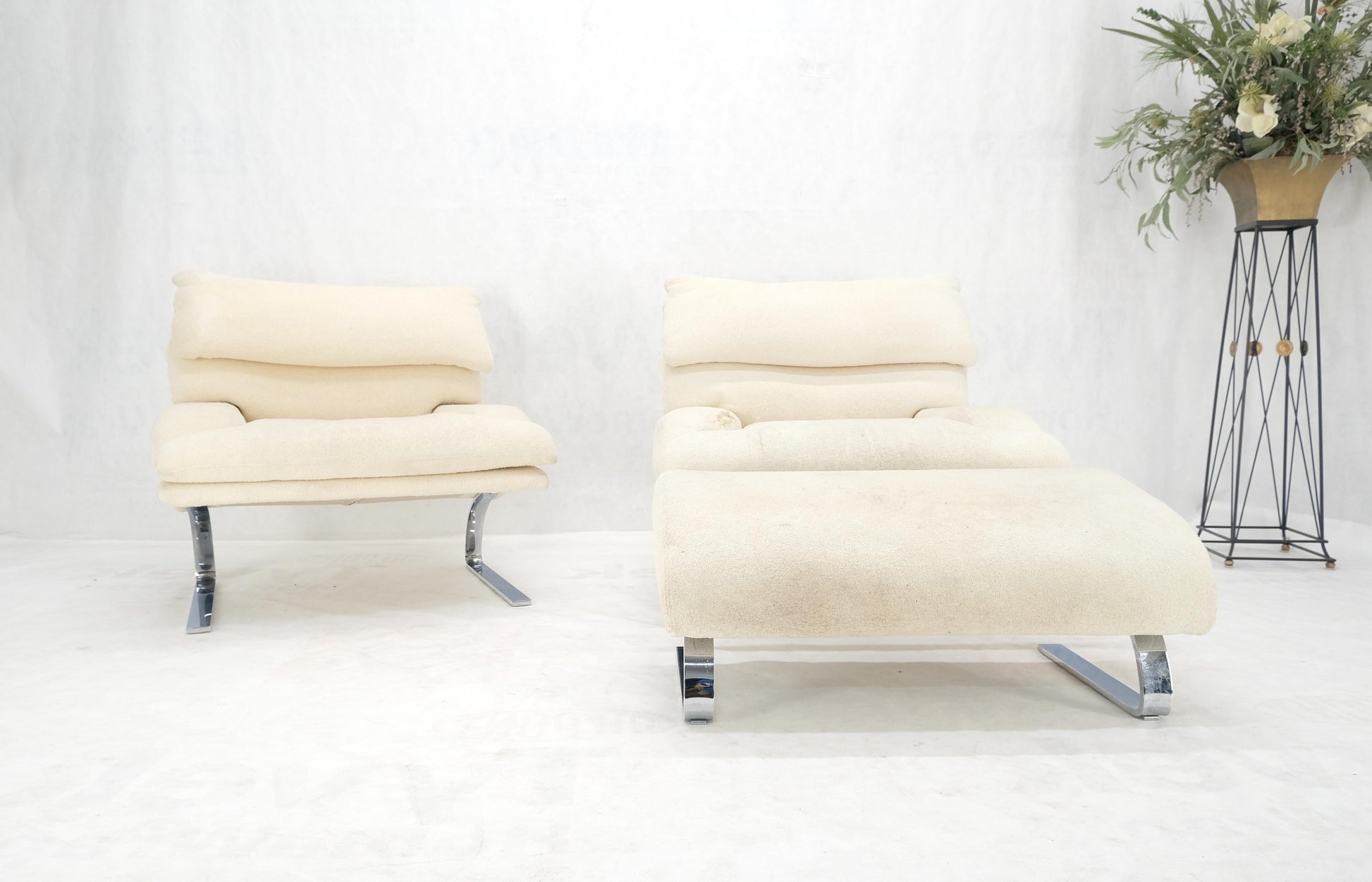 EstablishedLines Pair Giovanni Offerdi Chrome Bases Matching Ottoman Lounge Chair AS IS upholster