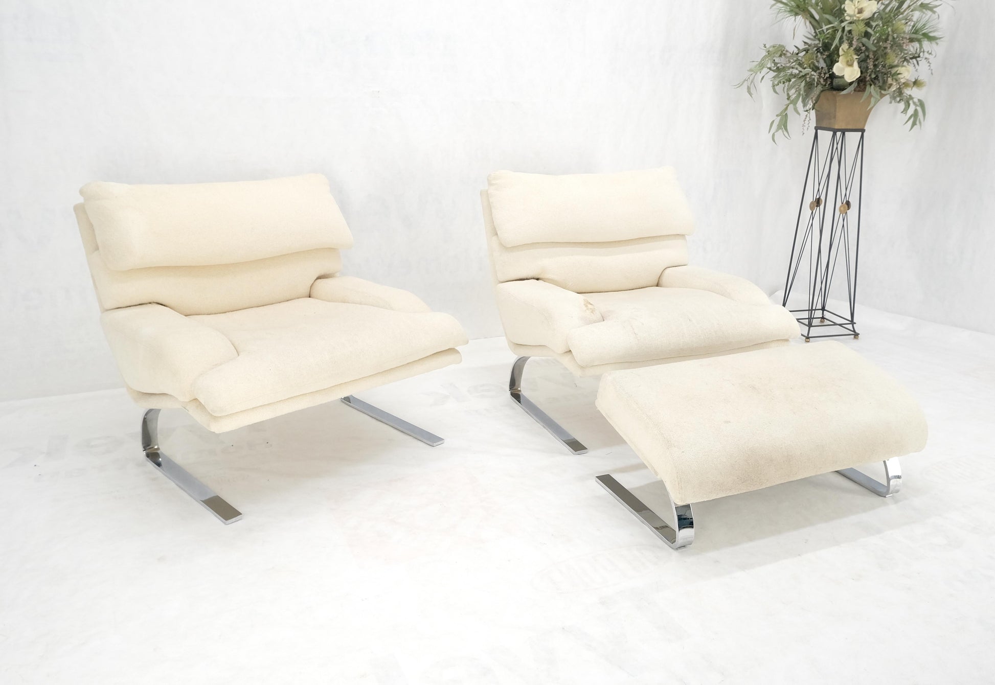 EstablishedLines Pair Giovanni Offerdi Chrome Bases Matching Ottoman Lounge Chair AS IS upholster
