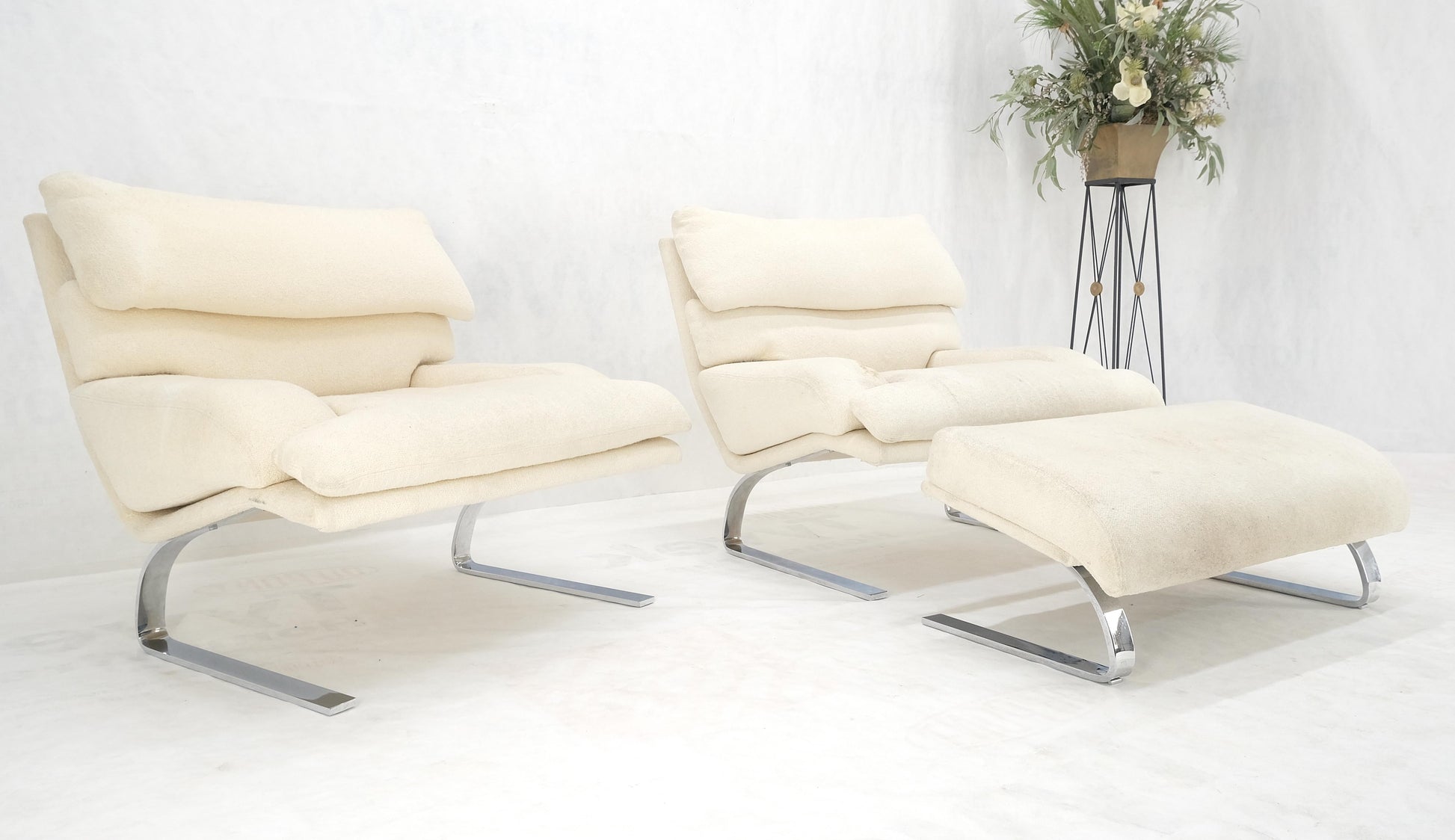 EstablishedLines Pair Giovanni Offerdi Chrome Bases Matching Ottoman Lounge Chair AS IS upholster