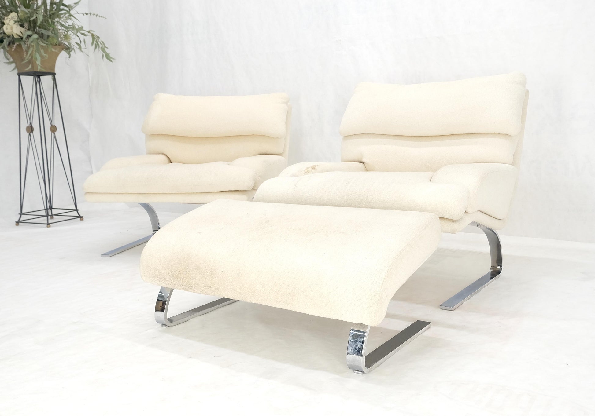 EstablishedLines Pair Giovanni Offerdi Chrome Bases Matching Ottoman Lounge Chair AS IS upholster