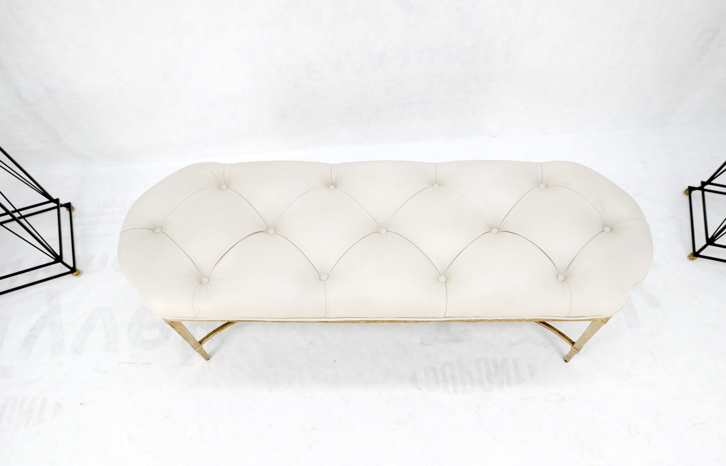 EstablishedLines Gilt Wrought Iron Base Beige Tufted Leather Upholstery Window Hall Bench MINT