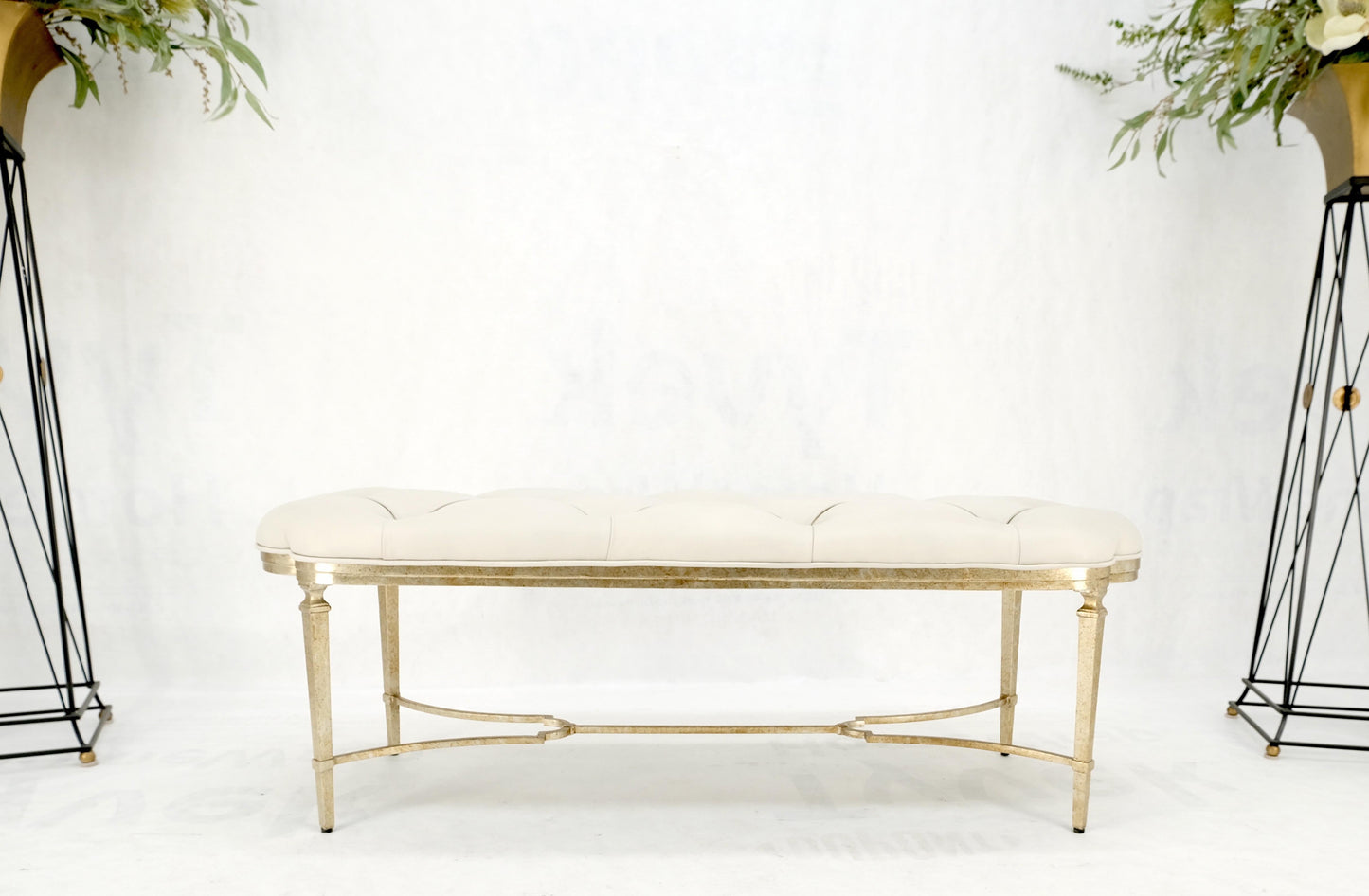EstablishedLines Gilt Wrought Iron Base Beige Tufted Leather Upholstery Window Hall Bench MINT