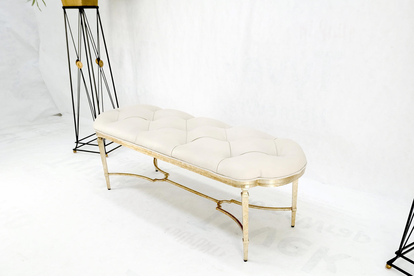 EstablishedLines Gilt Wrought Iron Base Beige Tufted Leather Upholstery Window Hall Bench MINT