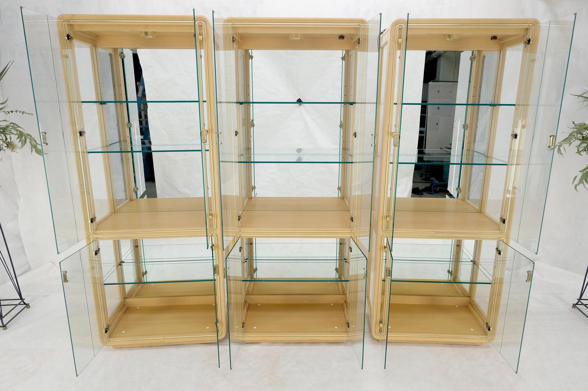 EstablishedLines 3 Blond Wood Glass Door Curio Cases Display Vitrine Cabinet Glass Shelves MINT!