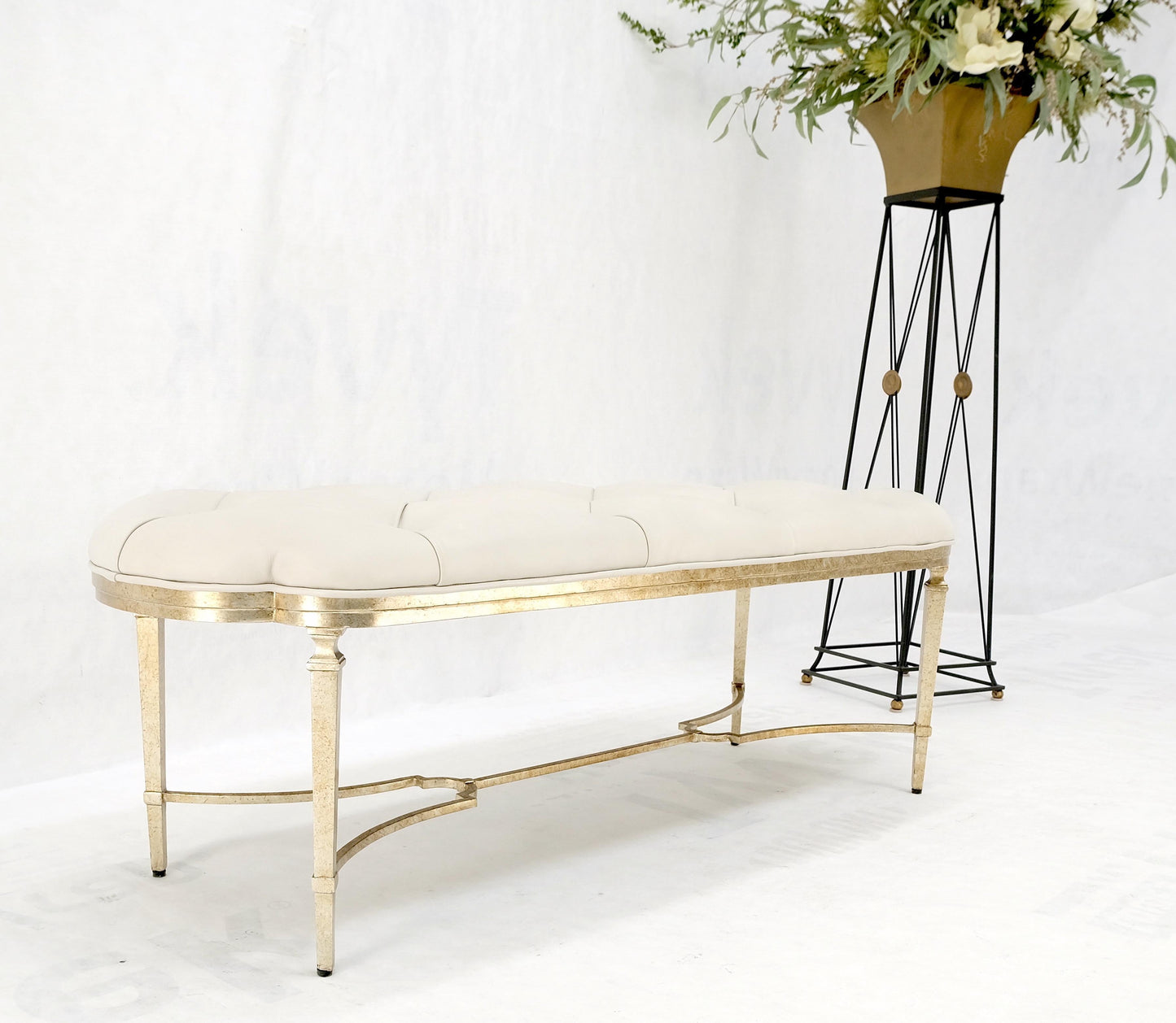 EstablishedLines Gilt Wrought Iron Base Beige Tufted Leather Upholstery Window Hall Bench MINT