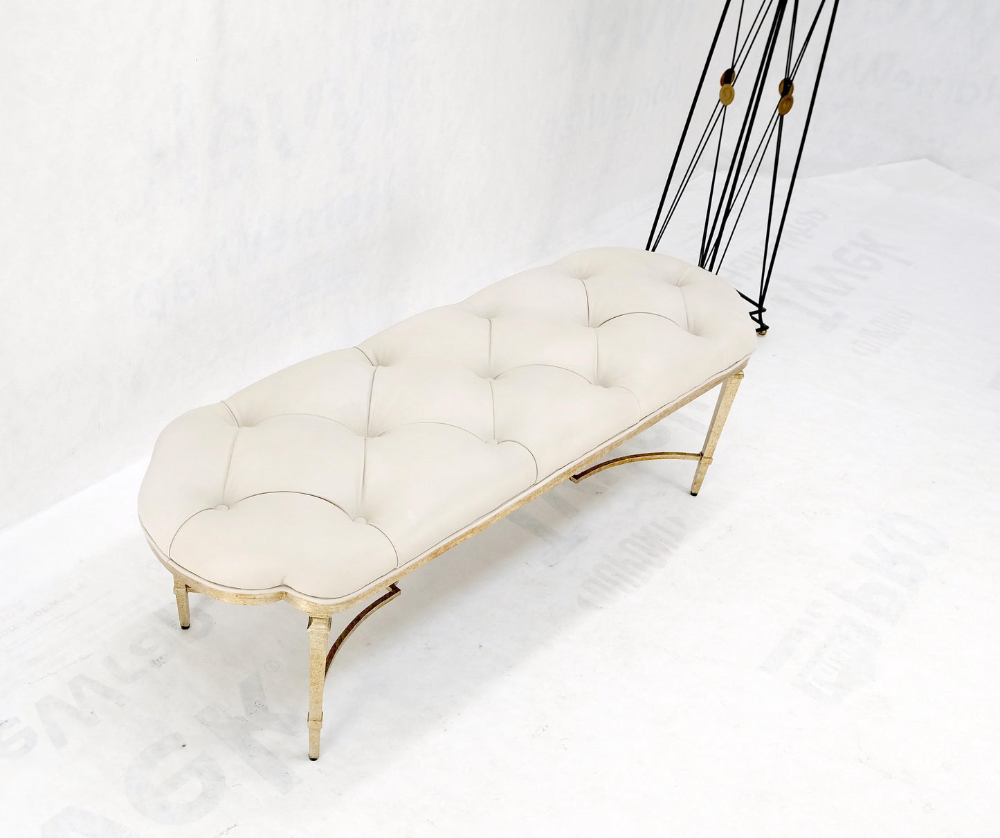 EstablishedLines Gilt Wrought Iron Base Beige Tufted Leather Upholstery Window Hall Bench MINT