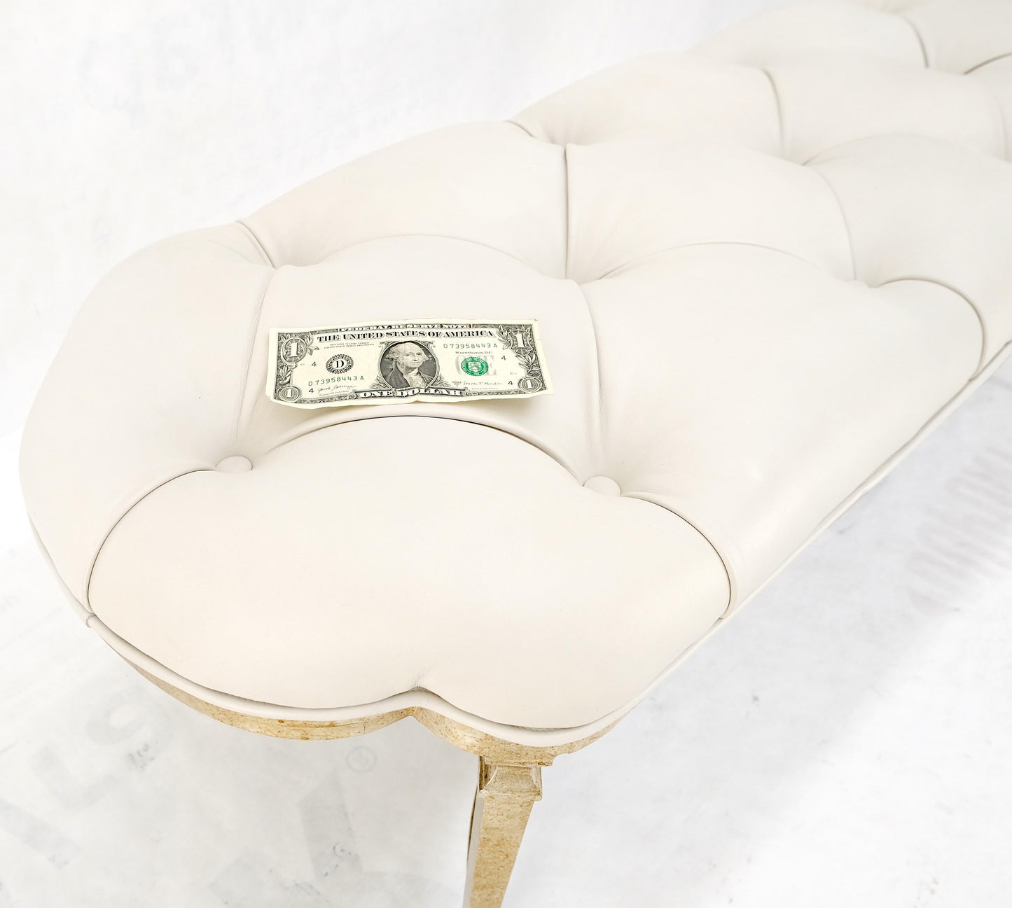 EstablishedLines Gilt Wrought Iron Base Beige Tufted Leather Upholstery Window Hall Bench MINT