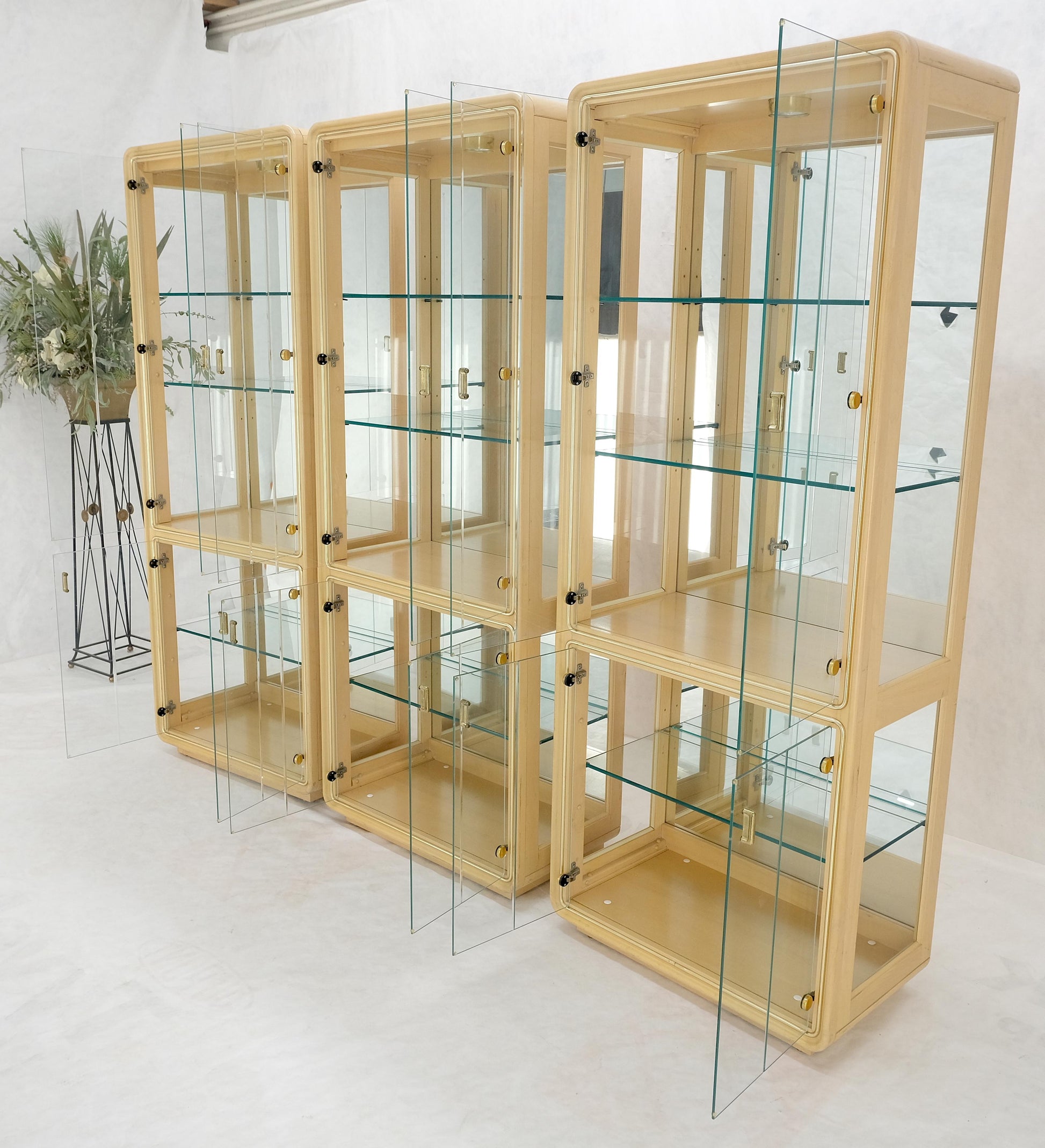 EstablishedLines 3 Blond Wood Glass Door Curio Cases Display Vitrine Cabinet Glass Shelves MINT!