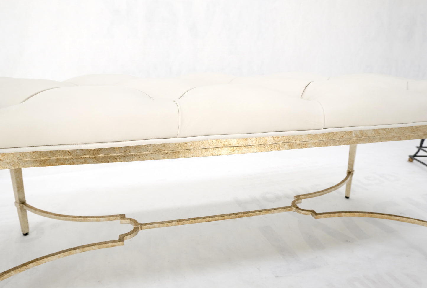 EstablishedLines Gilt Wrought Iron Base Beige Tufted Leather Upholstery Window Hall Bench MINT