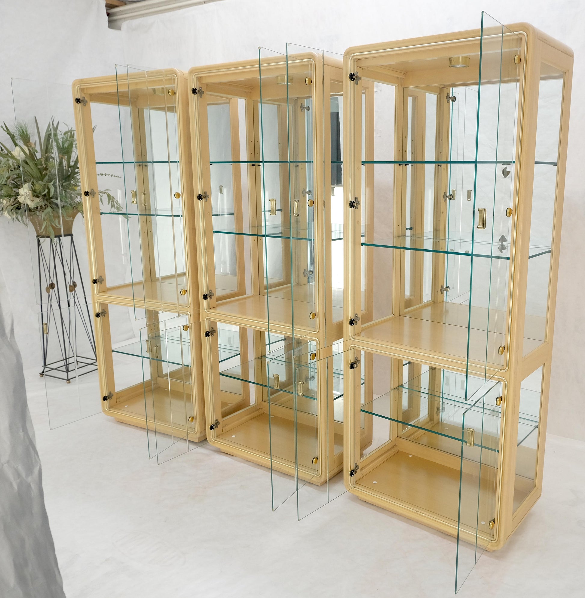 EstablishedLines 3 Blond Wood Glass Door Curio Cases Display Vitrine Cabinet Glass Shelves MINT!