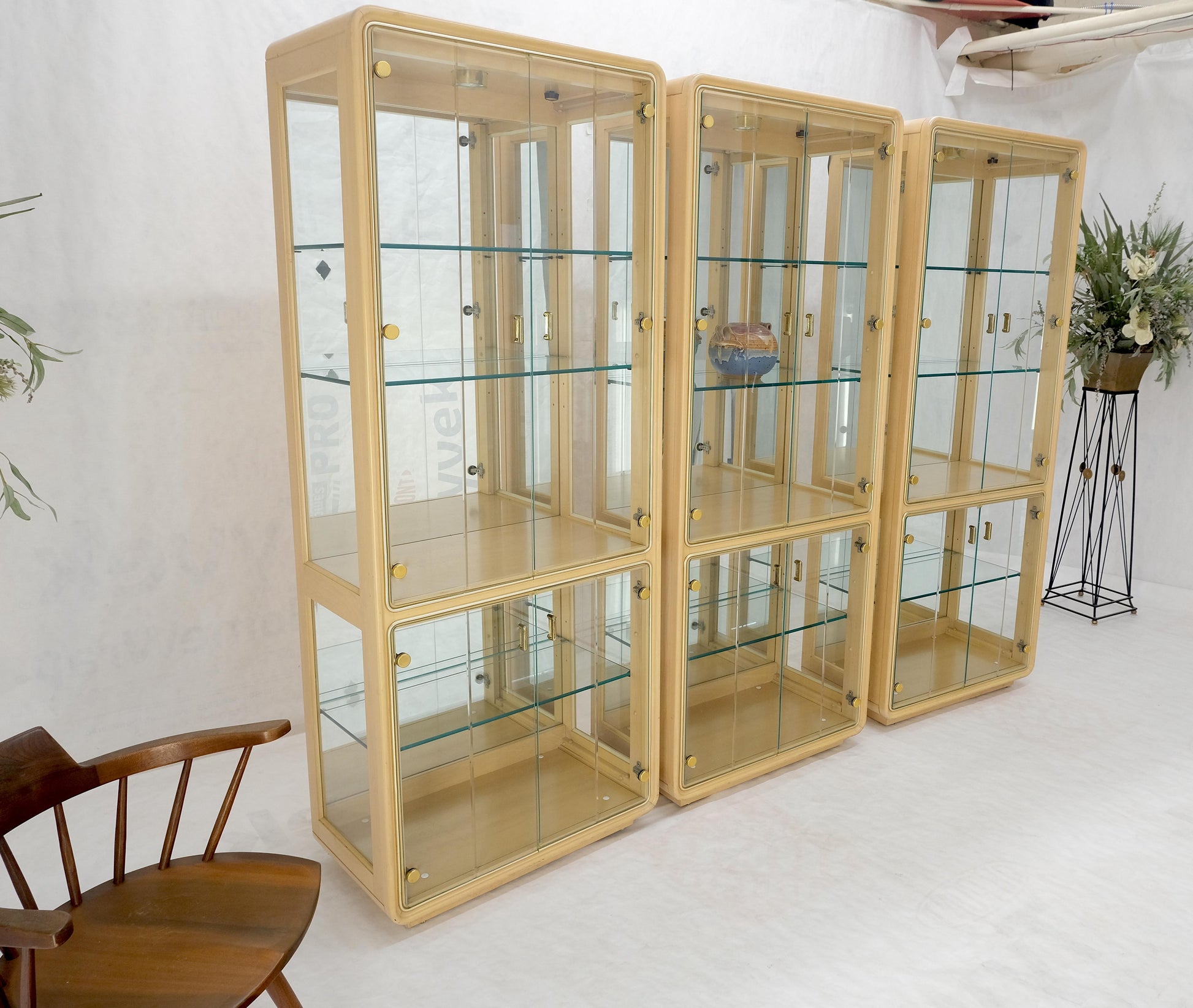 EstablishedLines 3 Blond Wood Glass Door Curio Cases Display Vitrine Cabinet Glass Shelves MINT!