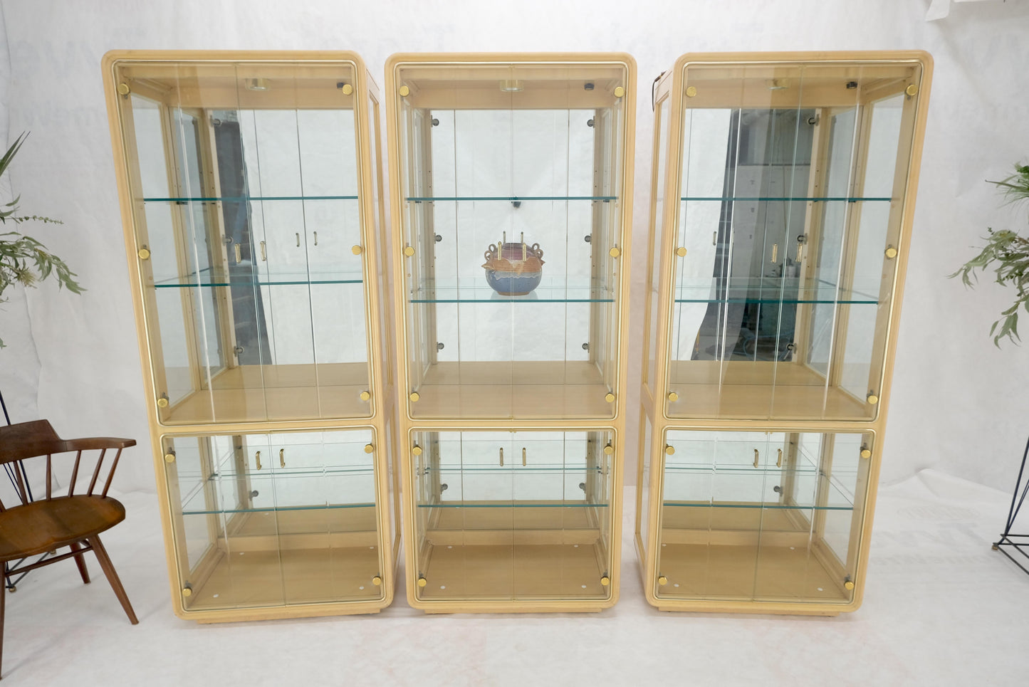 EstablishedLines 3 Blond Wood Glass Door Curio Cases Display Vitrine Cabinet Glass Shelves MINT!