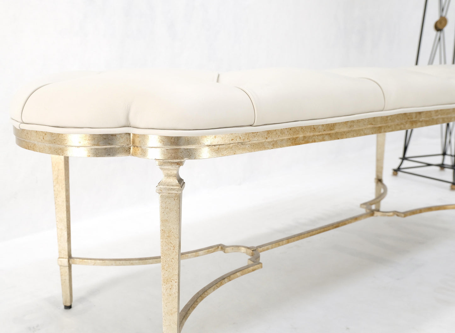 EstablishedLines Gilt Wrought Iron Base Beige Tufted Leather Upholstery Window Hall Bench MINT