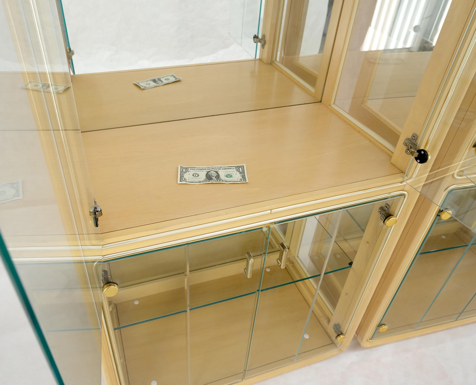 EstablishedLines 3 Blond Wood Glass Door Curio Cases Display Vitrine Cabinet Glass Shelves MINT!