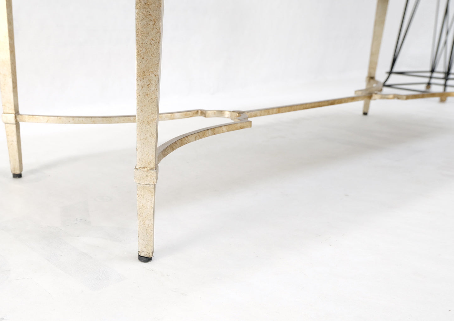 EstablishedLines Gilt Wrought Iron Base Beige Tufted Leather Upholstery Window Hall Bench MINT