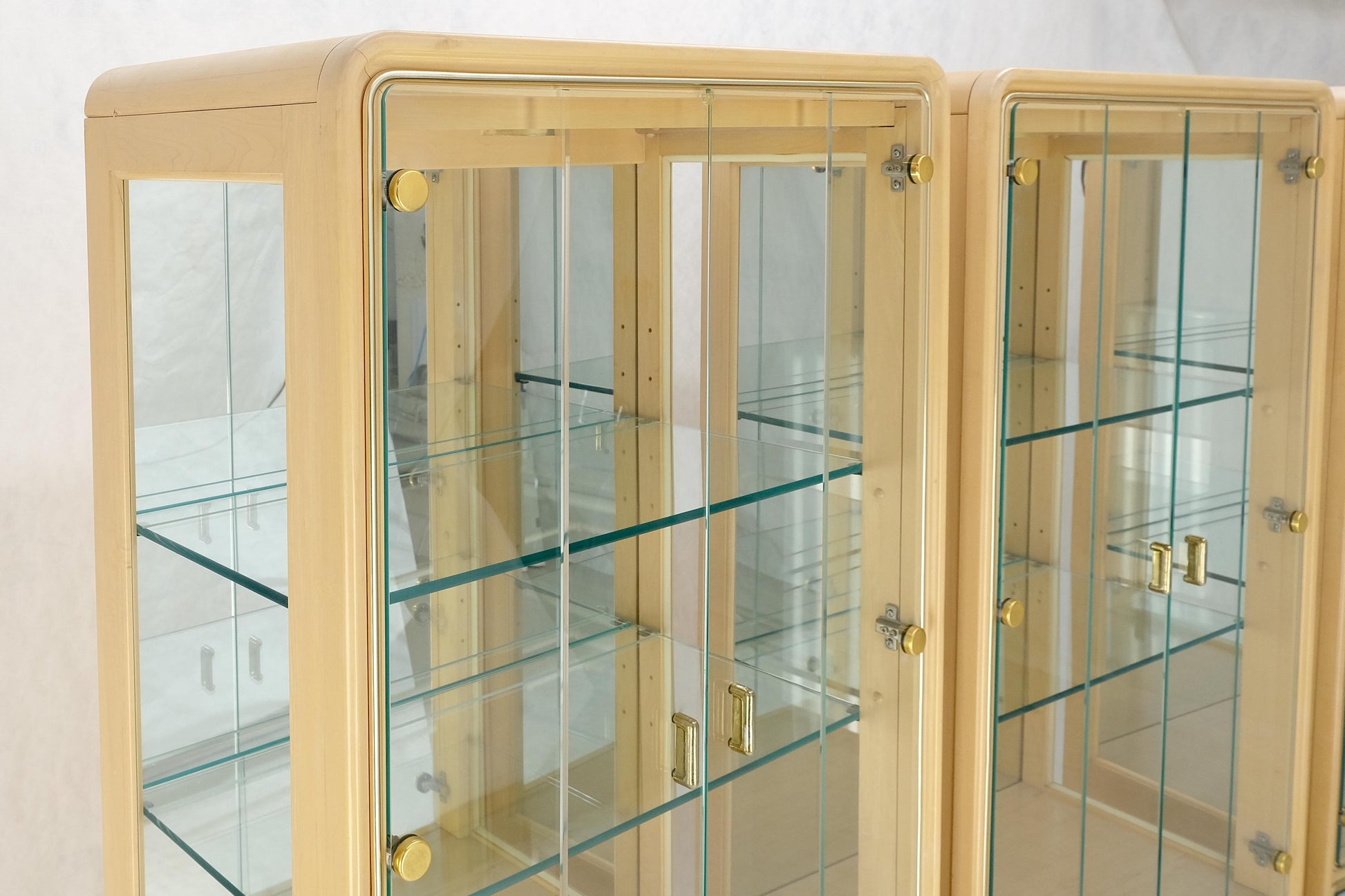 EstablishedLines 3 Blond Wood Glass Door Curio Cases Display Vitrine Cabinet Glass Shelves MINT!